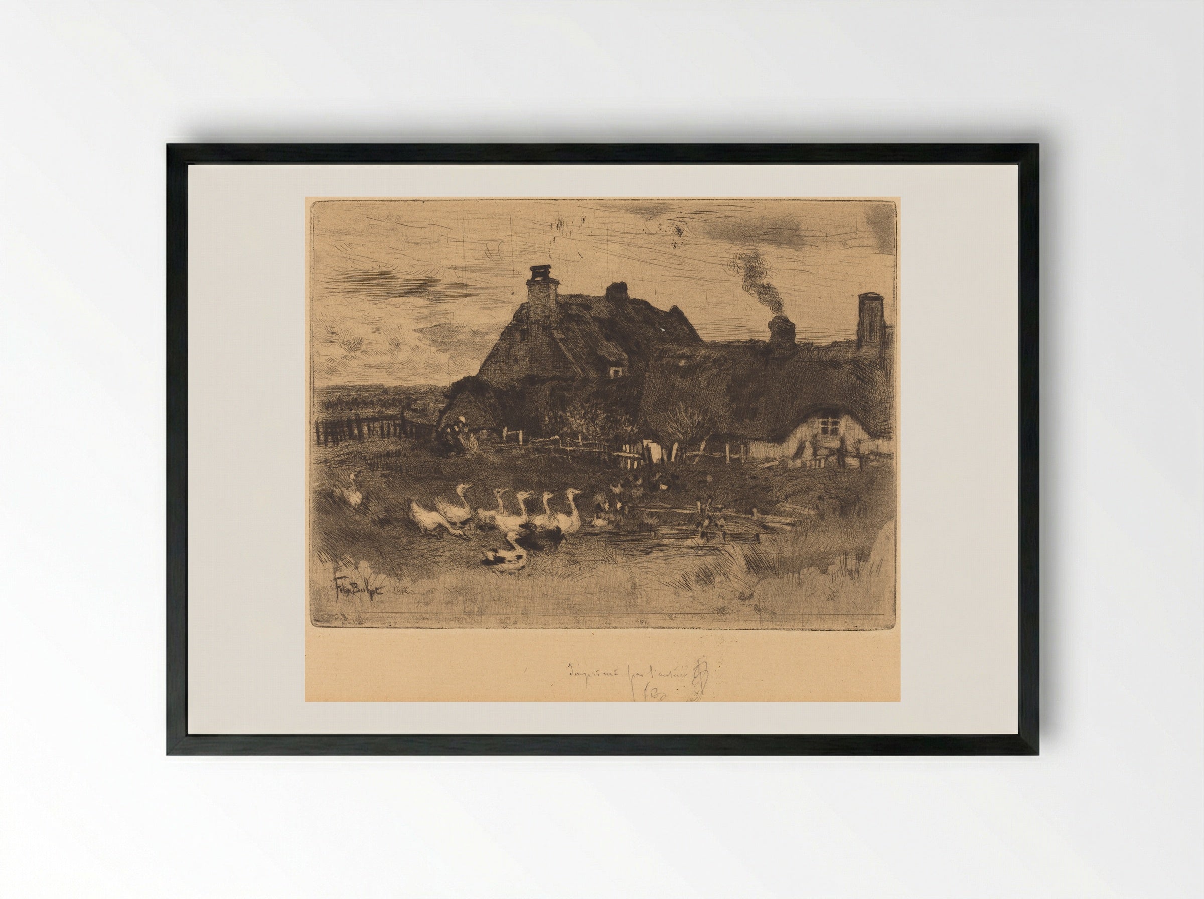 The Small Thatched Cottages - Félix Hilaire Buhot - Framed Print Black