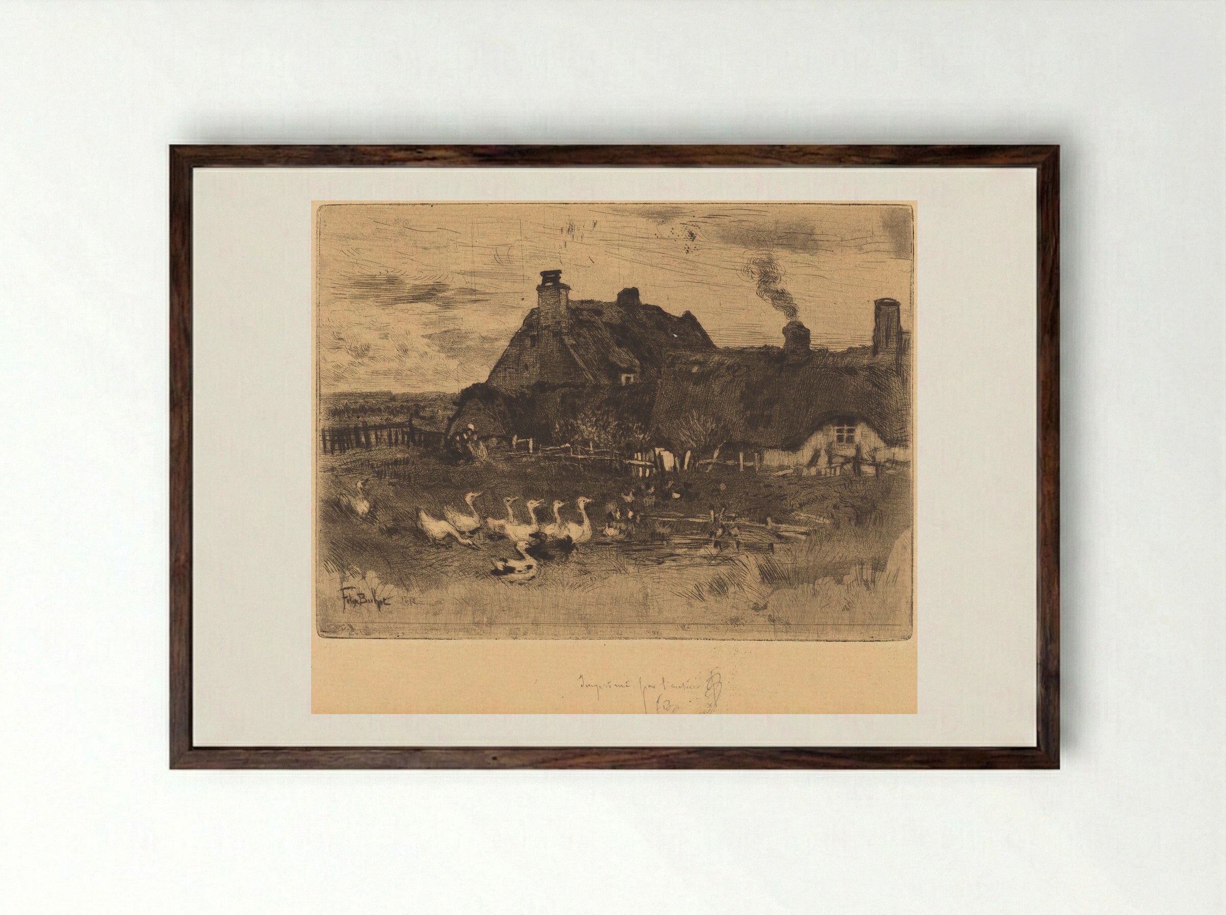 The Small Thatched Cottages - Félix Hilaire Buhot - Framed Print Dark Wood
