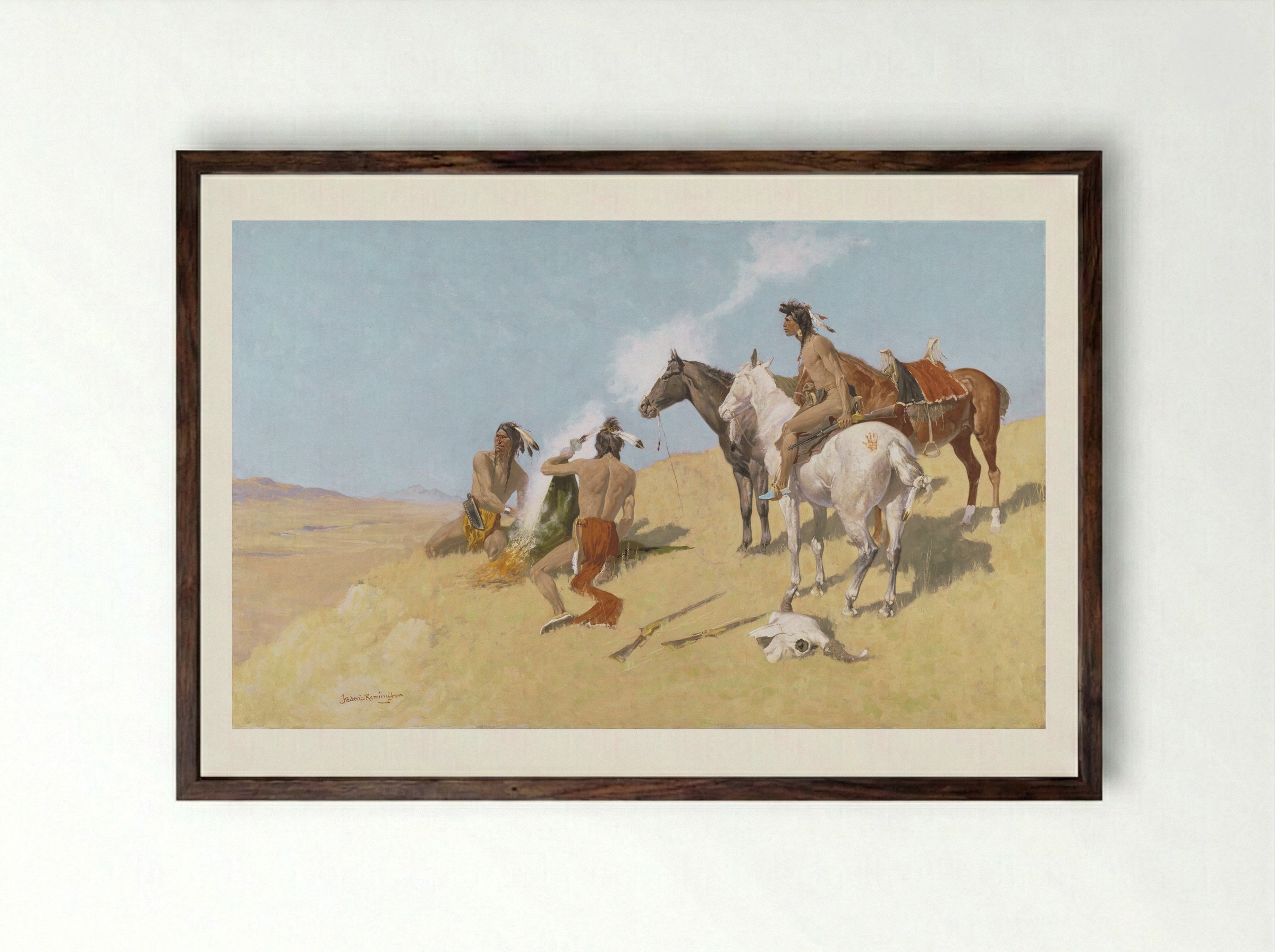 The Smoke Signal - Frederic Remington - Framed Print Dark Wood