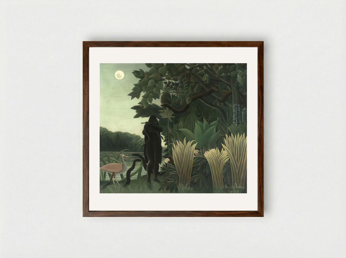 The Snake Charmer by Henri Rousseau – Naïve Art Jungle Mystery Print - Framed Print Dark Wood