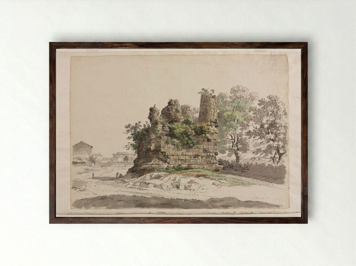 The So-Called Sepulcher of the Curiatii Brothers at Albano - Carlo Labruzzi - Framed Print Dark Wood