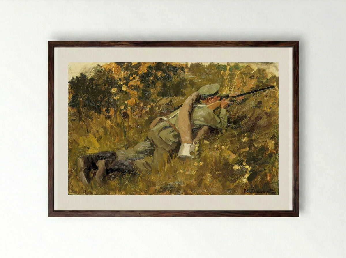 The Soldier on the Position - Ivan Vladimirov - Framed Print Dark Wood