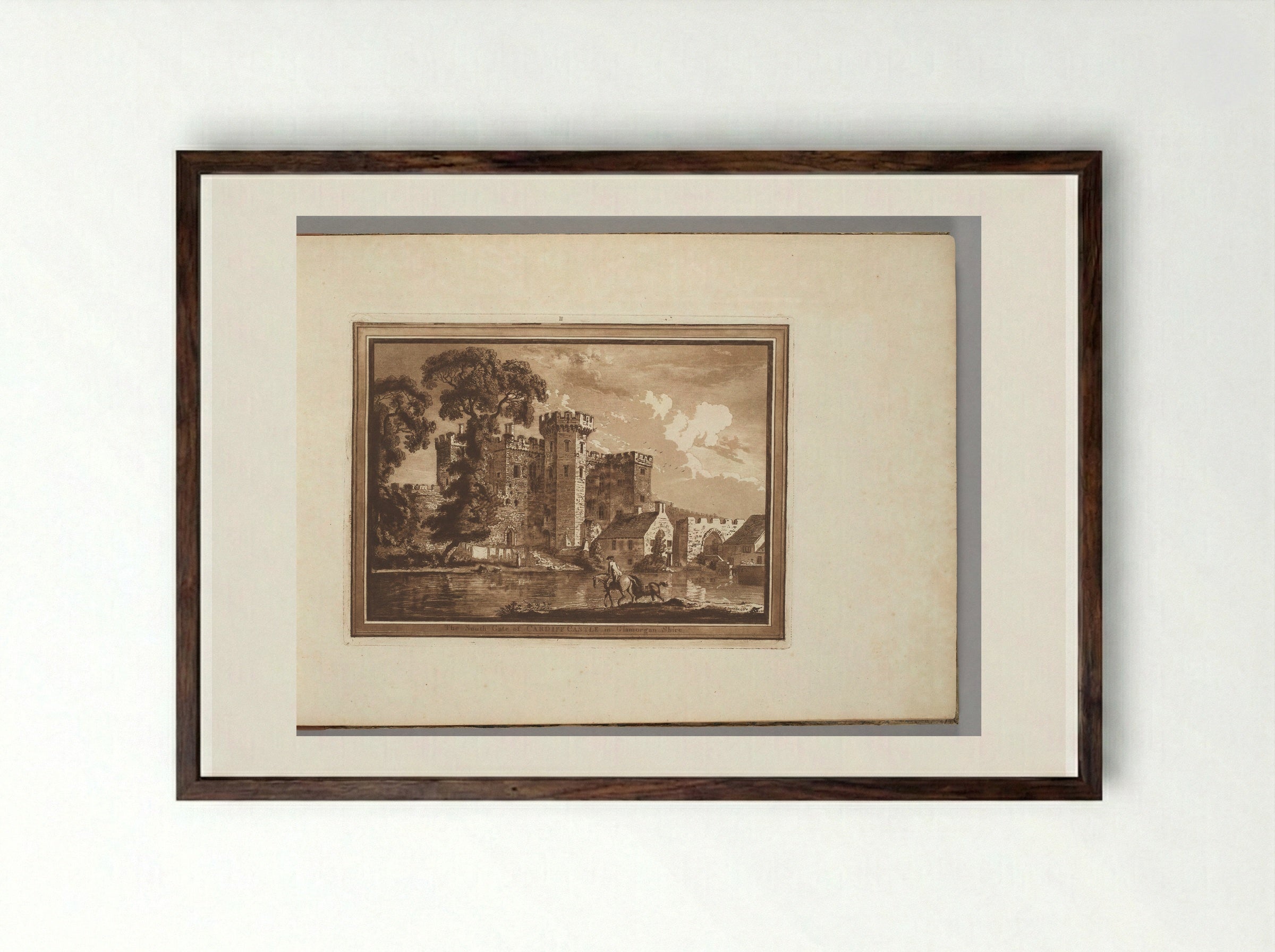 The South Gate of Cardiff Castle in Glamorgan Shire - Paul Sandby - Framed Print Dark Wood