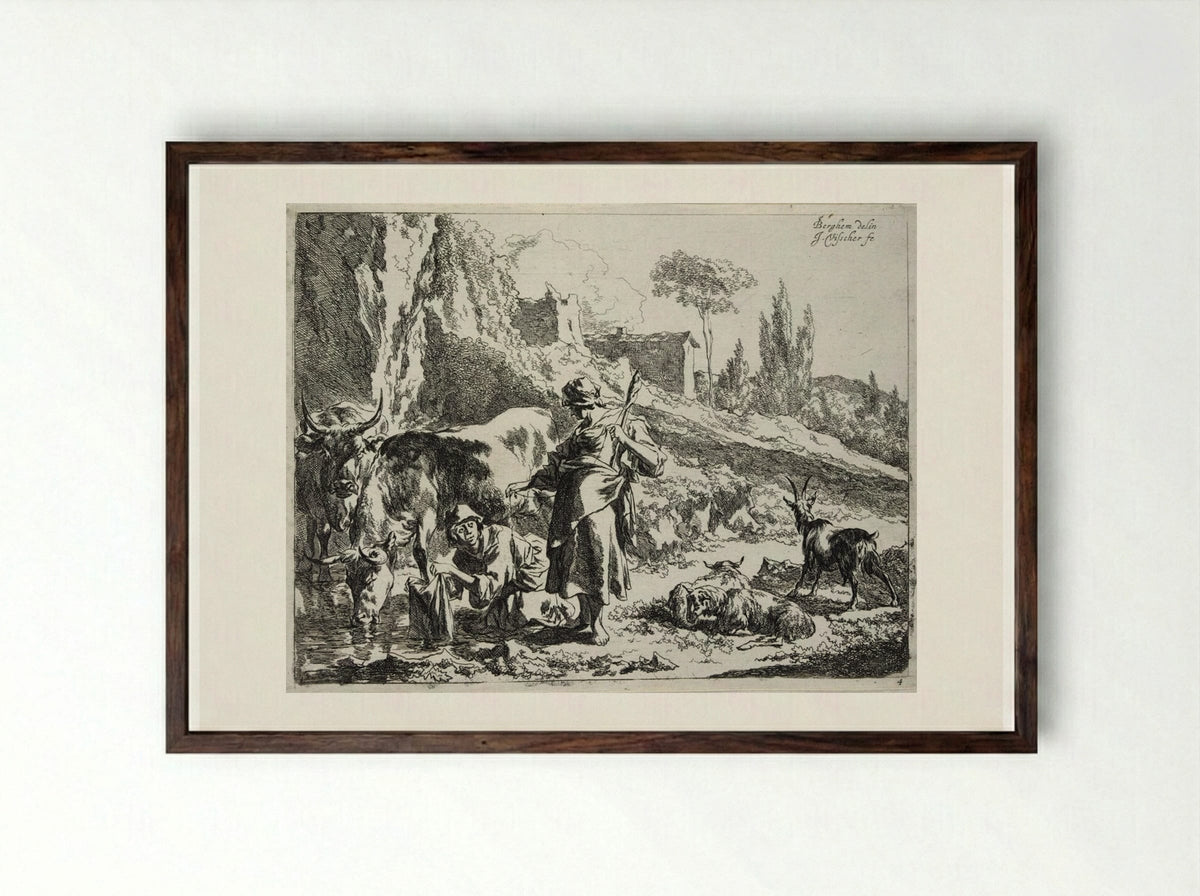 The Spinner and the Woman Washing Clothes - Johannes Visscher - Framed Print Dark Wood