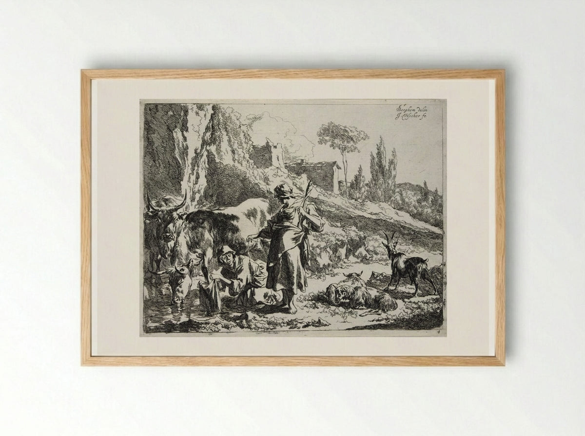 The Spinner and the Woman Washing Clothes - Johannes Visscher - Framed Print Wood