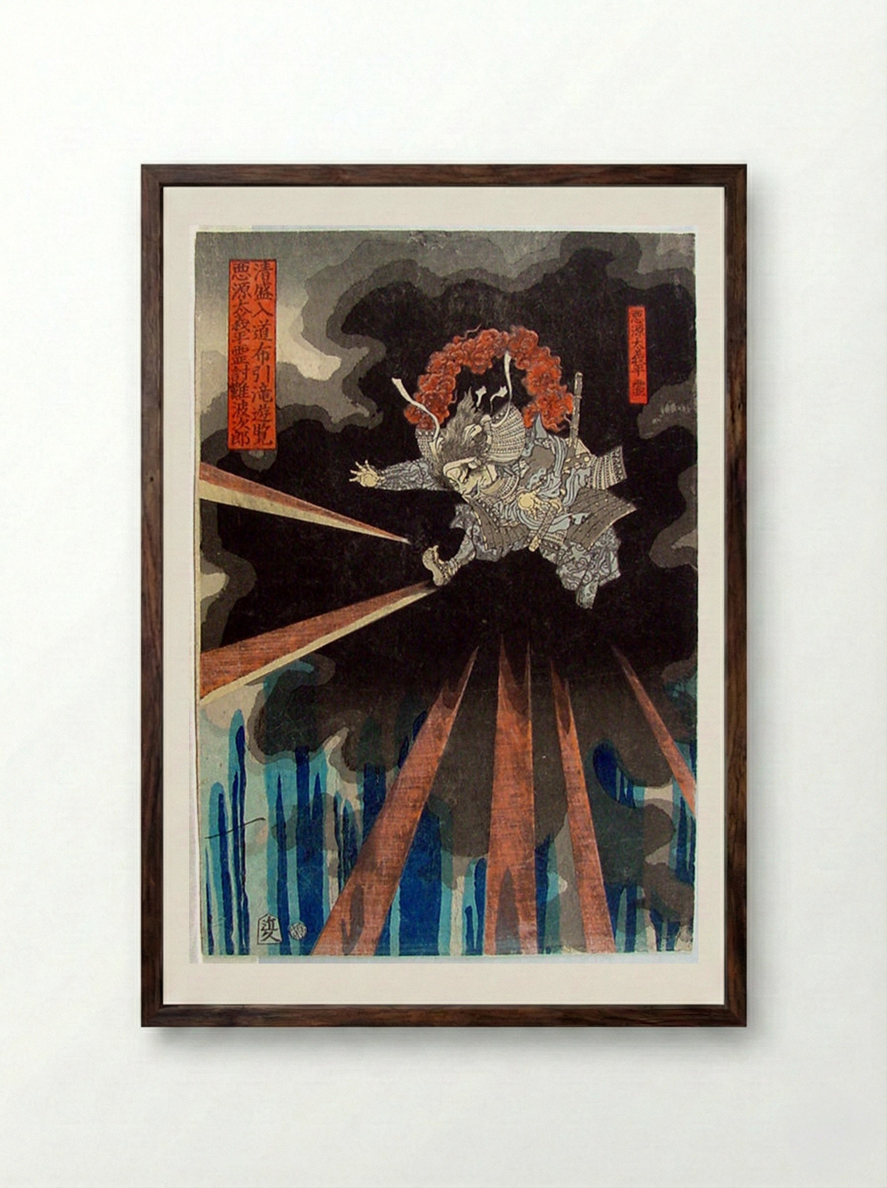 The Spirit of Akugenta Yoshihira Strikes Nanba Jirō during Kiyomori’s Visit to Nunobiki Waterfall - Tsukioka Yoshitoshi - Framed Print Dark Wood