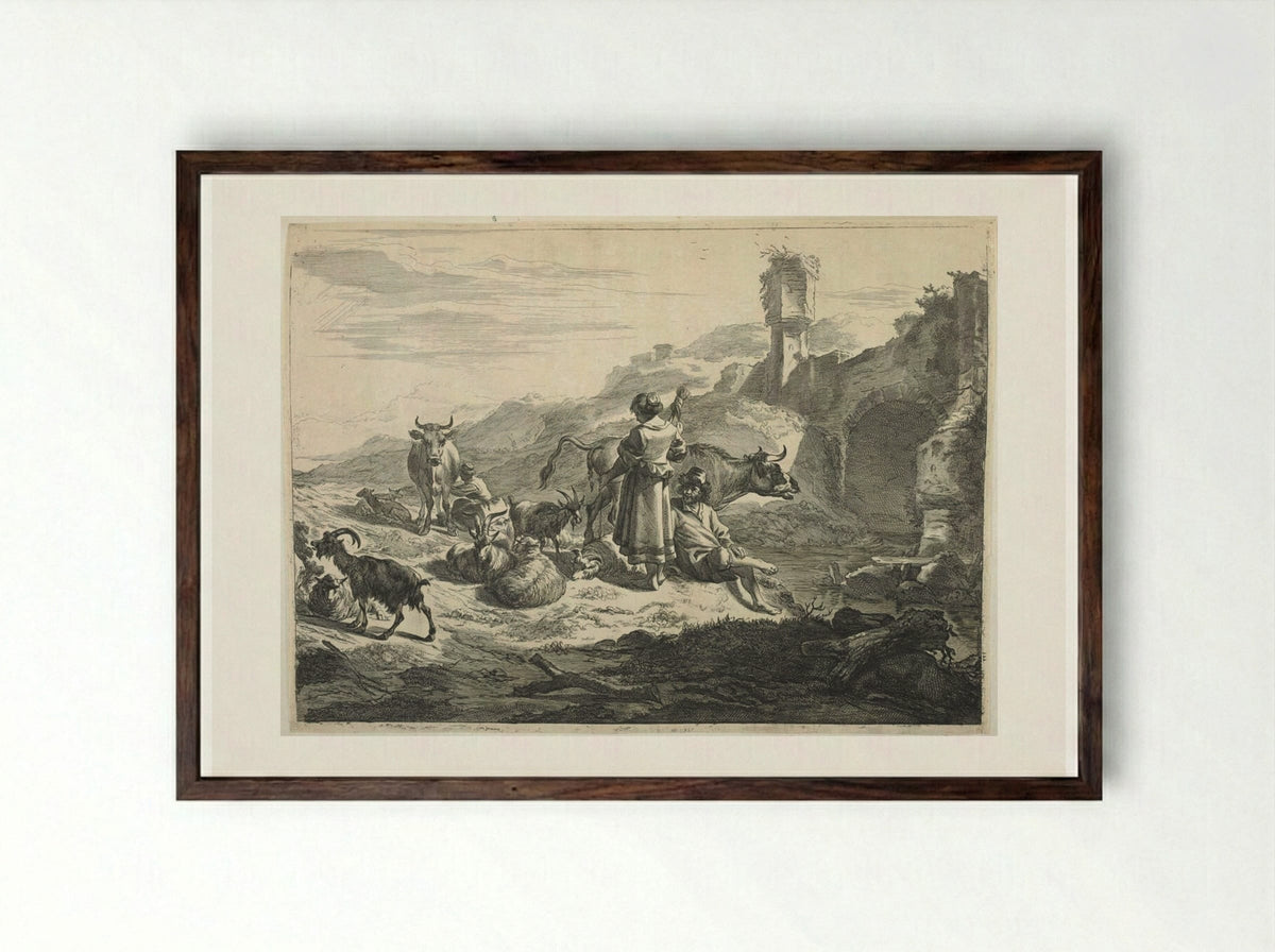 The Standing Spinner - Cornelis Visscher - Framed Print Dark Wood