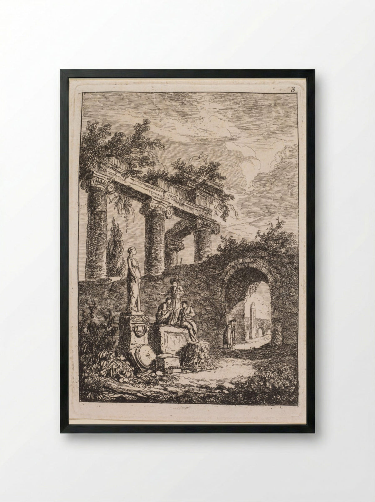 The Statue in Front of Ruins - Hubert Robert - Framed Print Black