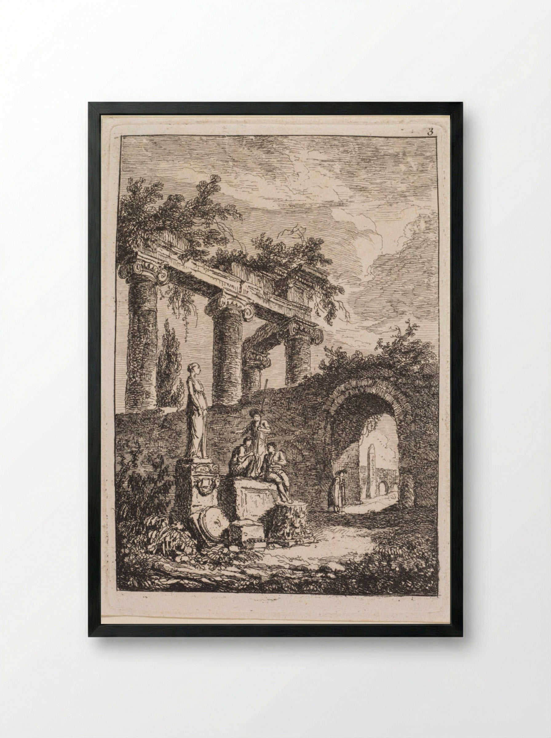 The Statue in Front of Ruins - Hubert Robert - Framed Print Black