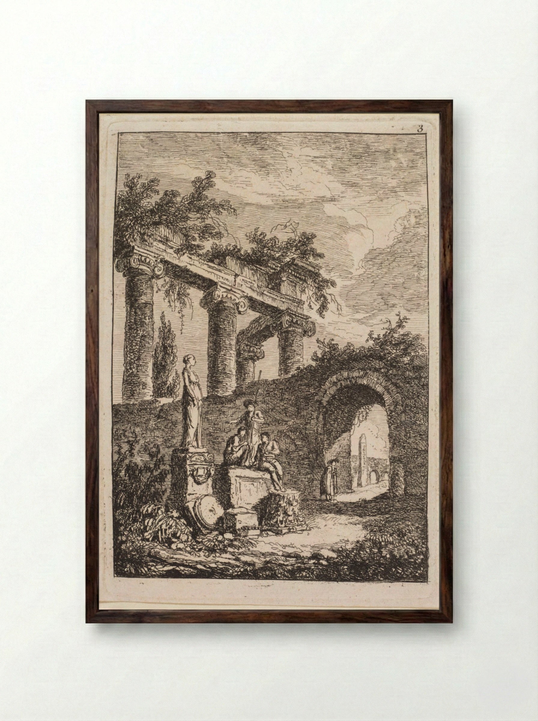 The Statue in Front of Ruins - Hubert Robert - Framed Print Dark Wood