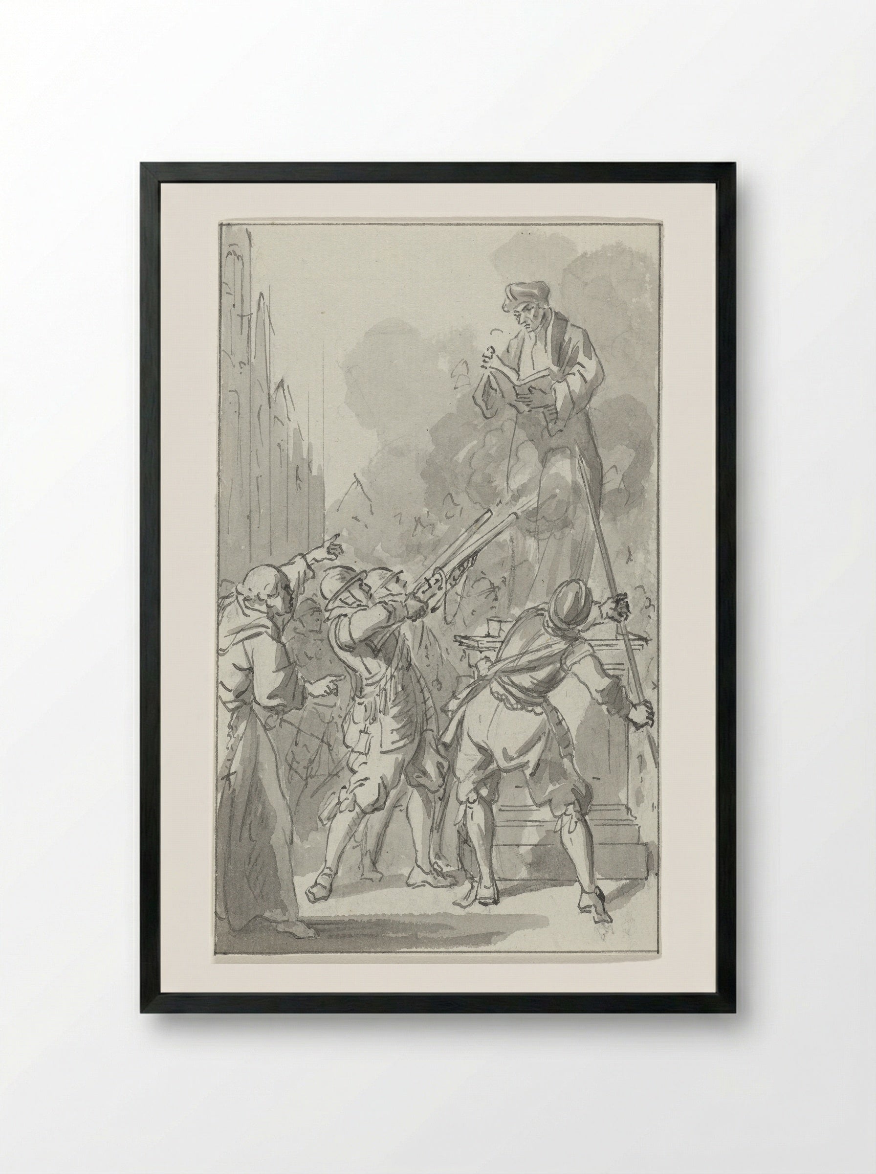 The Statue of Erasmus Fired Upon by the Spanish in Rotterdam, 1572 - Jacobus Buys - Framed Print Black
