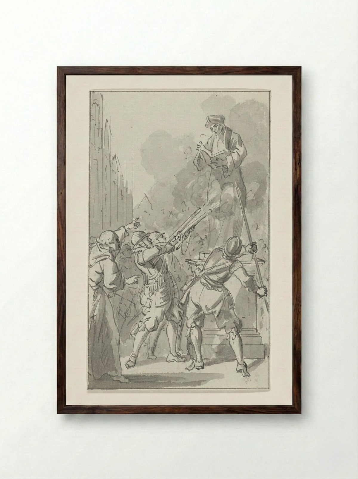 The Statue of Erasmus Fired Upon by the Spanish in Rotterdam, 1572 - Jacobus Buys - Framed Print Dark Wood