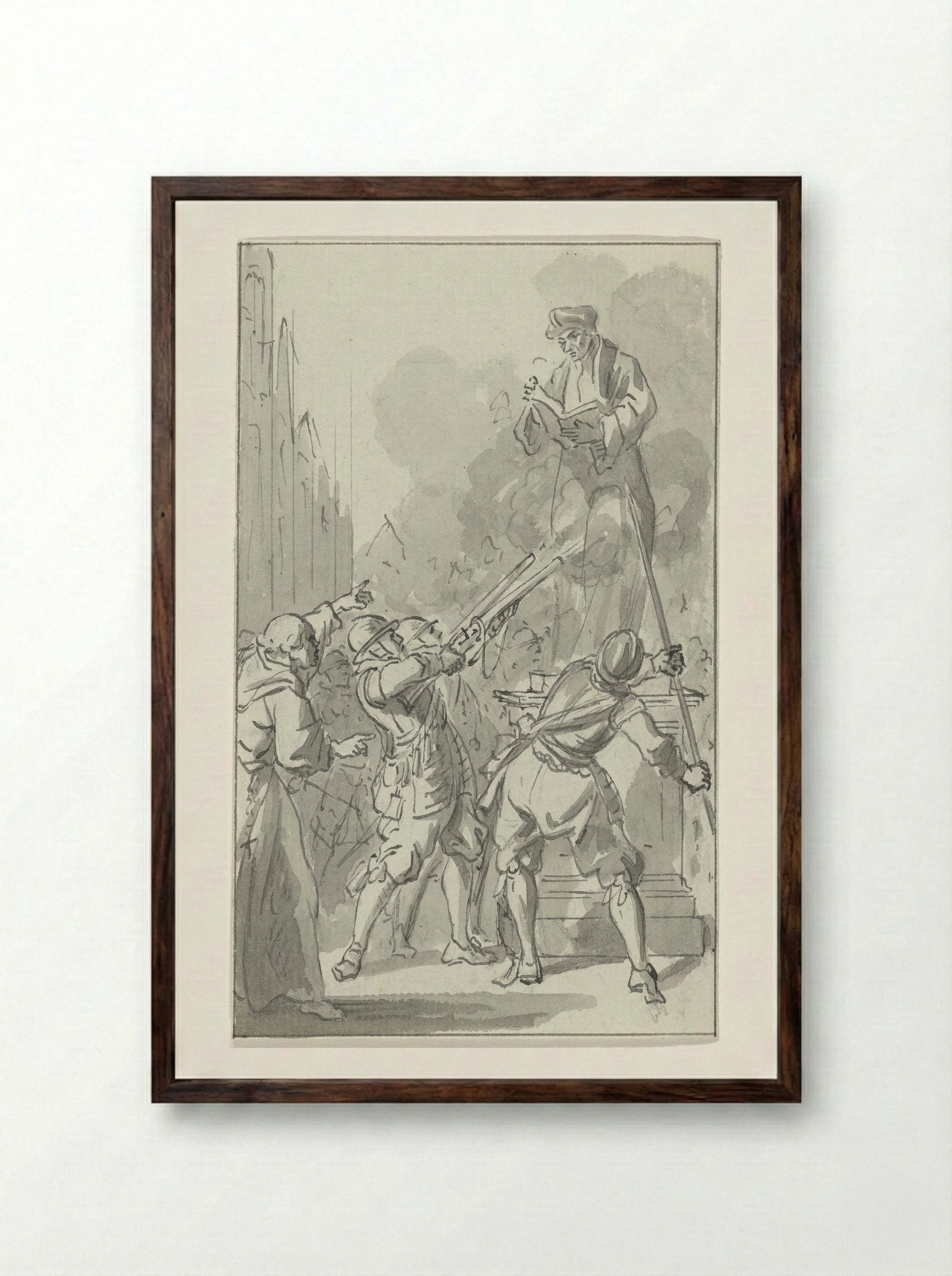 The Statue of Erasmus Fired Upon by the Spanish in Rotterdam, 1572 - Jacobus Buys - Framed Print Dark Wood