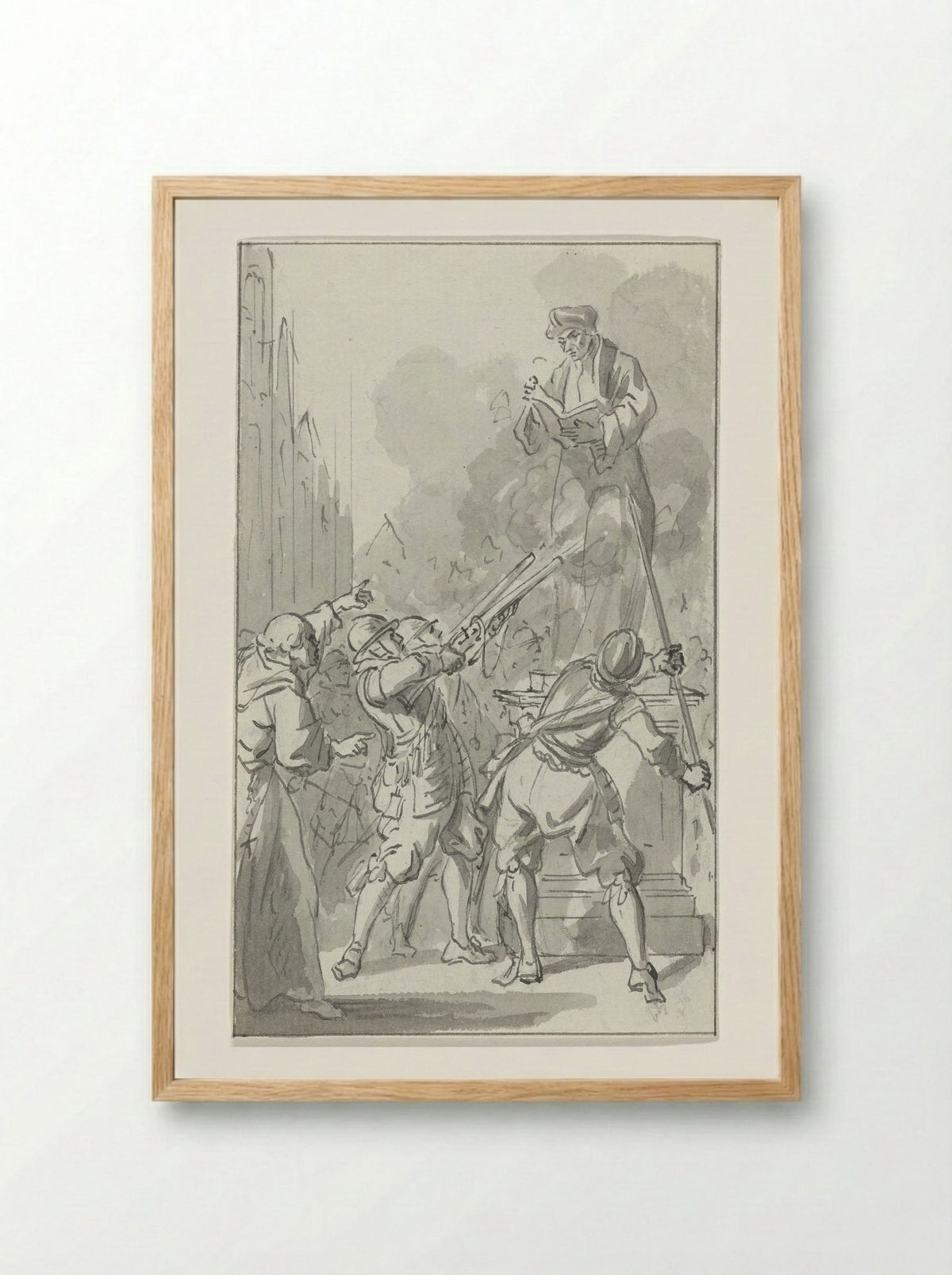 The Statue of Erasmus Fired Upon by the Spanish in Rotterdam, 1572 - Jacobus Buys - Framed Print Wood