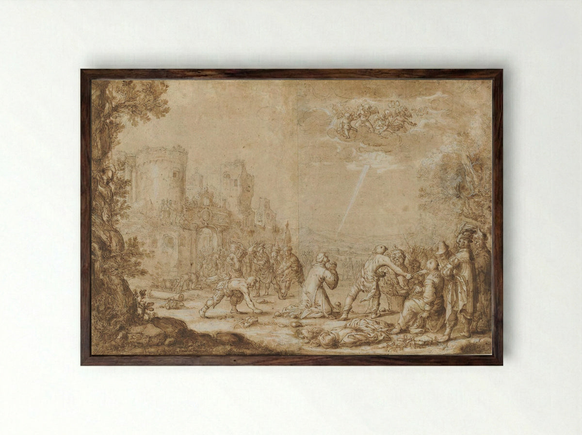 The Stoning of Saint Stephen - Willem de Poorter - Framed Print Dark Wood
