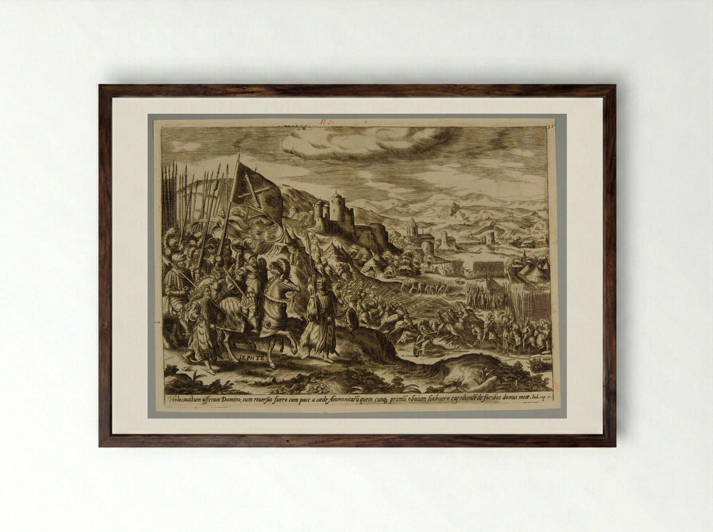 The Story of Jephta, Pl. I - Gerard de Jode - Framed Print Dark Wood