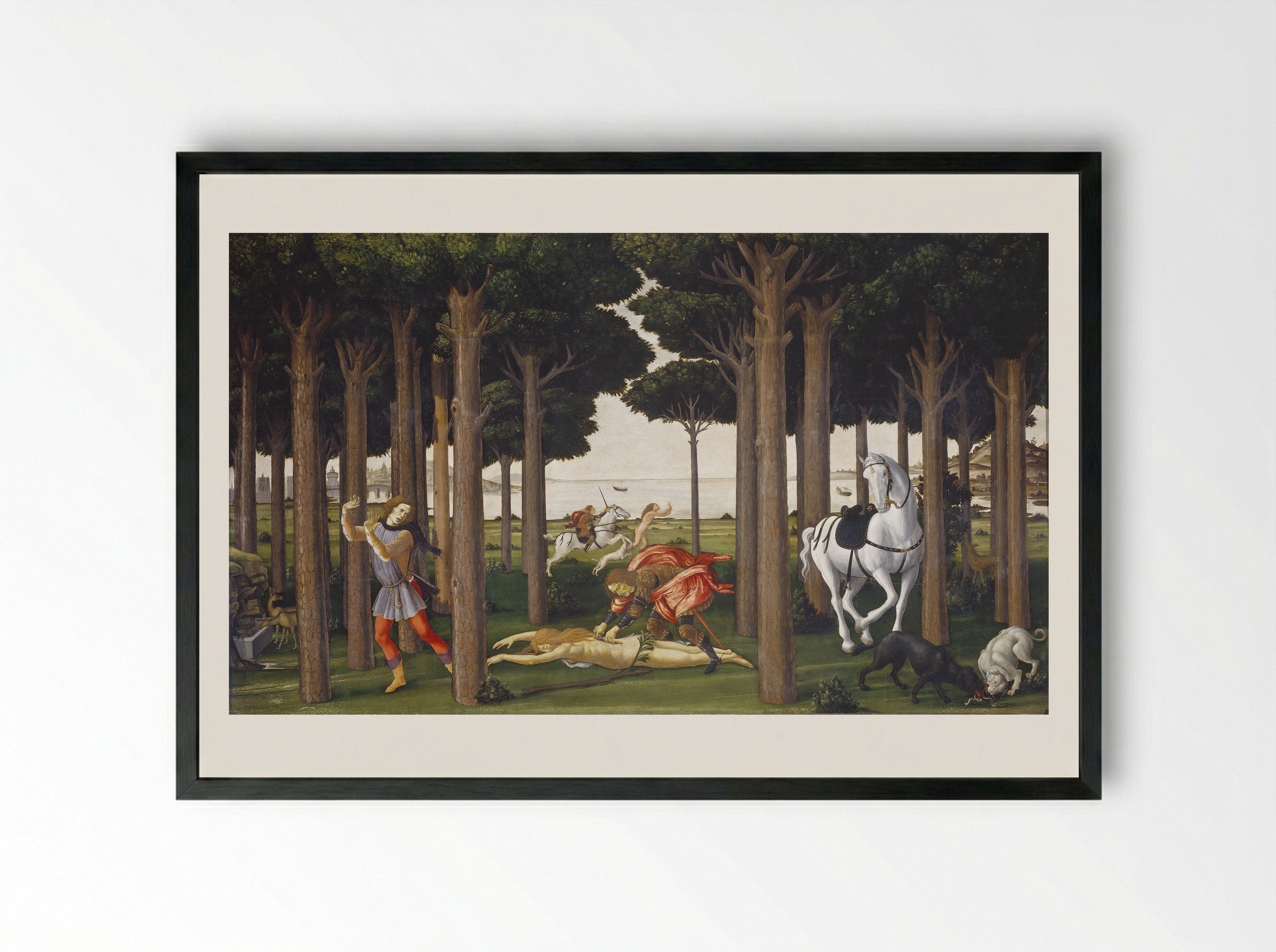 The Story of Nastagio degli Onesti, First Episode - Sandro Botticelli - Framed Print Black