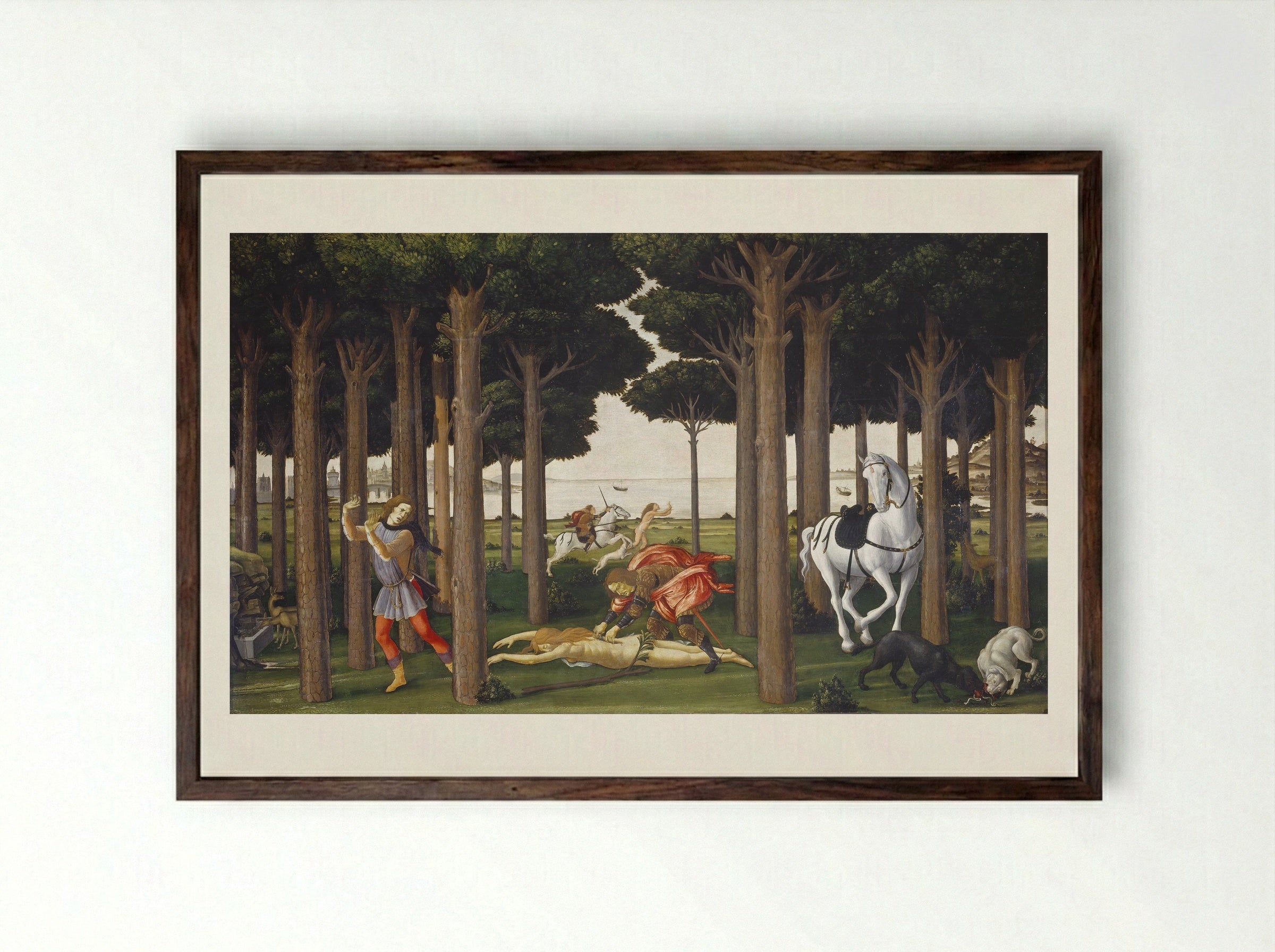 The Story of Nastagio degli Onesti, First Episode - Sandro Botticelli - Framed Print Dark Wood