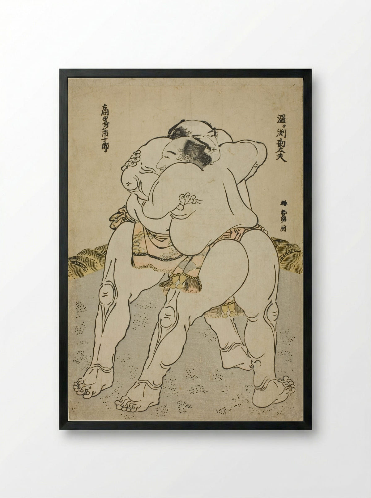 The Sumo Wrestlers Uzugafuchi Kandayu and Takasaki Ichijuro - Katsushika Hokusai - Framed Print Black