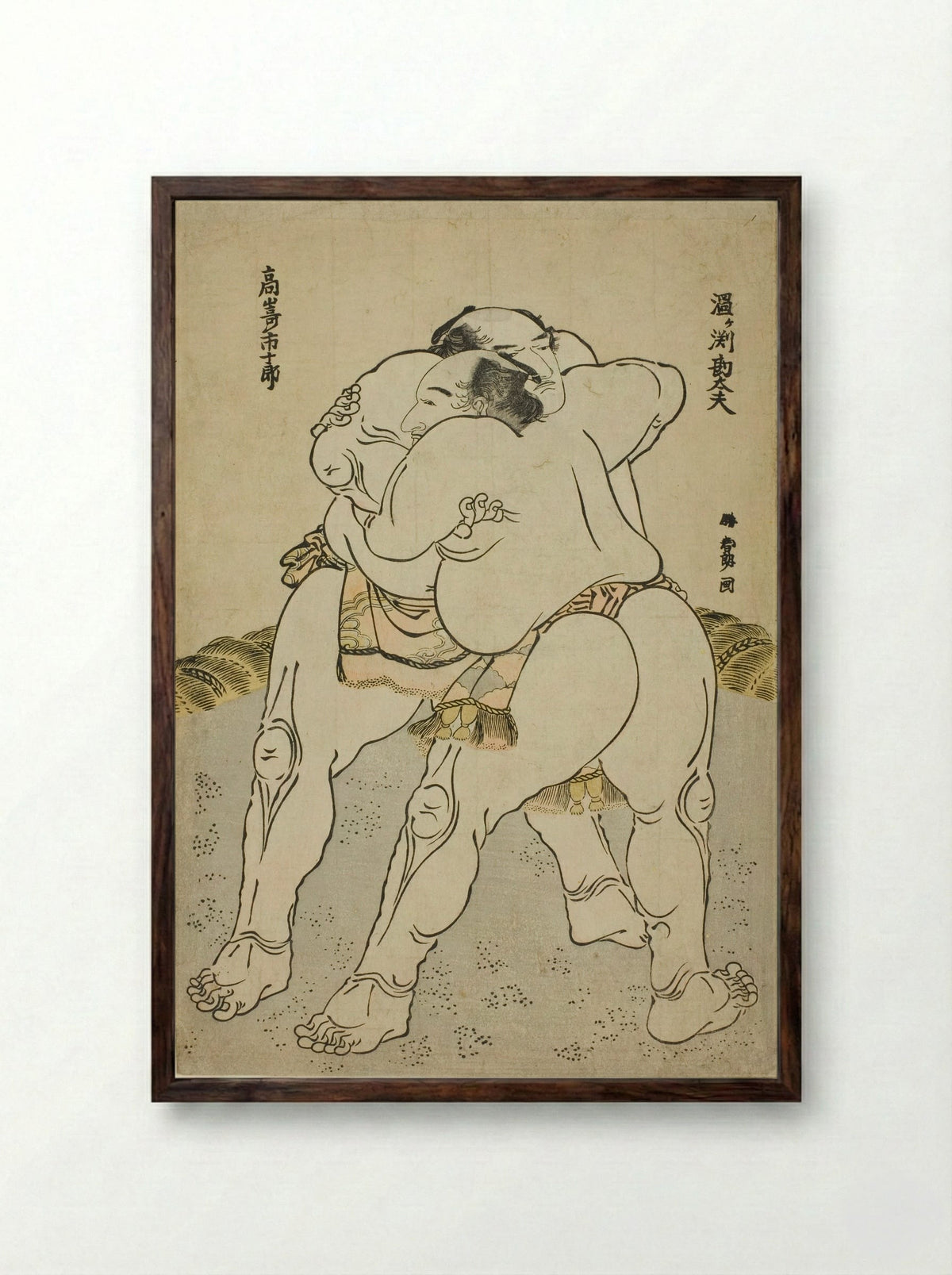 The Sumo Wrestlers Uzugafuchi Kandayu and Takasaki Ichijuro - Katsushika Hokusai - Framed Print Dark Wood