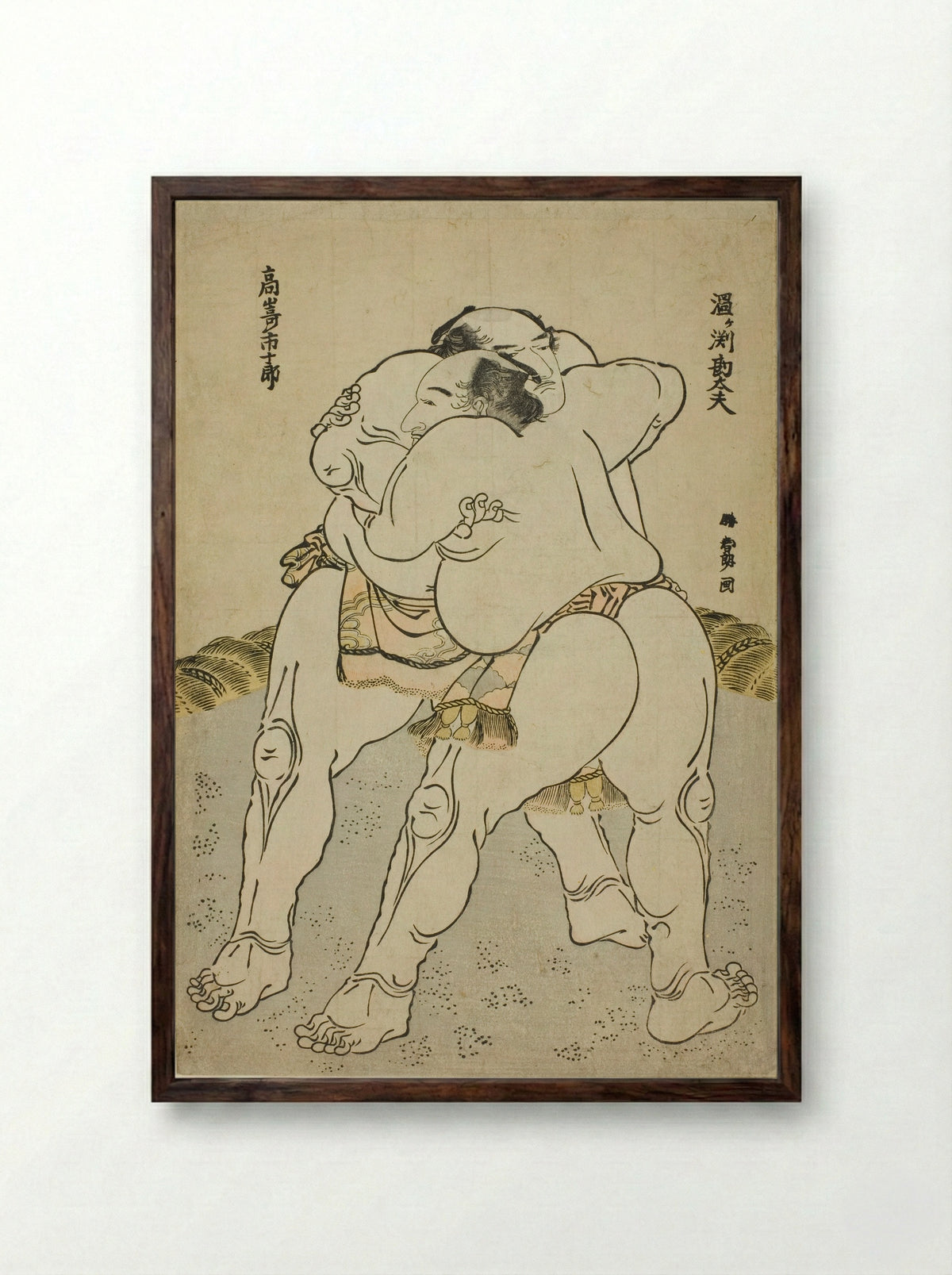 The Sumo Wrestlers Uzugafuchi Kandayu and Takasaki Ichijuro - Katsushika Hokusai - Framed Print Dark Wood