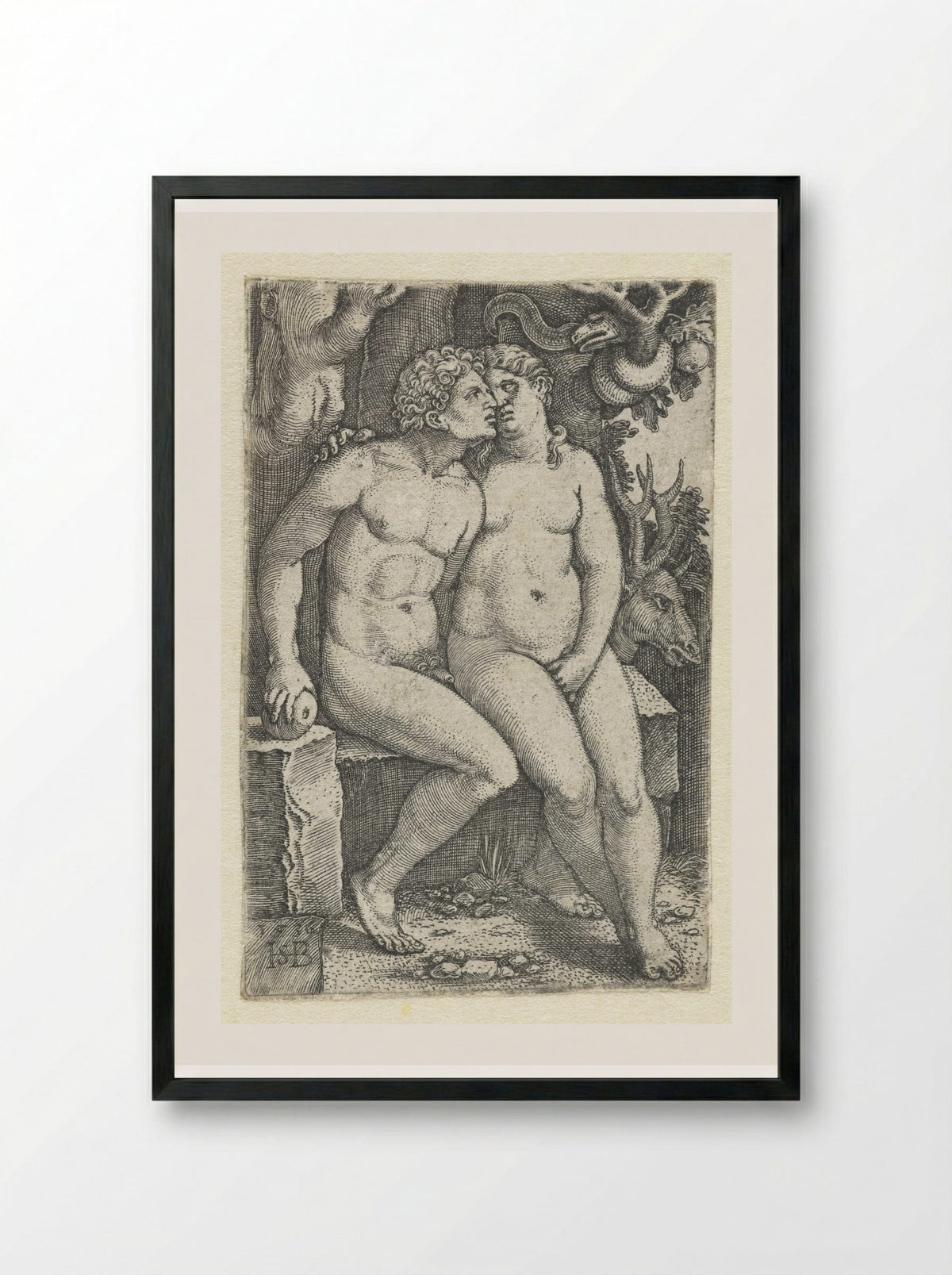 The Temptation of Adam and Eve - Hans Sebald Beham - Framed Print Black