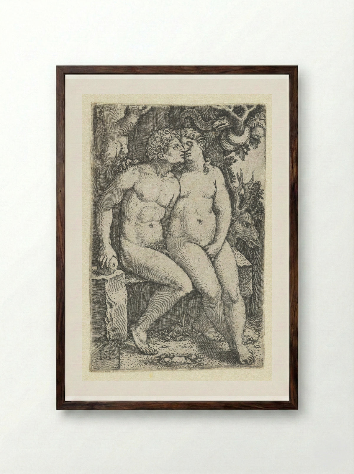 The Temptation of Adam and Eve - Hans Sebald Beham - Framed Print Dark Wood