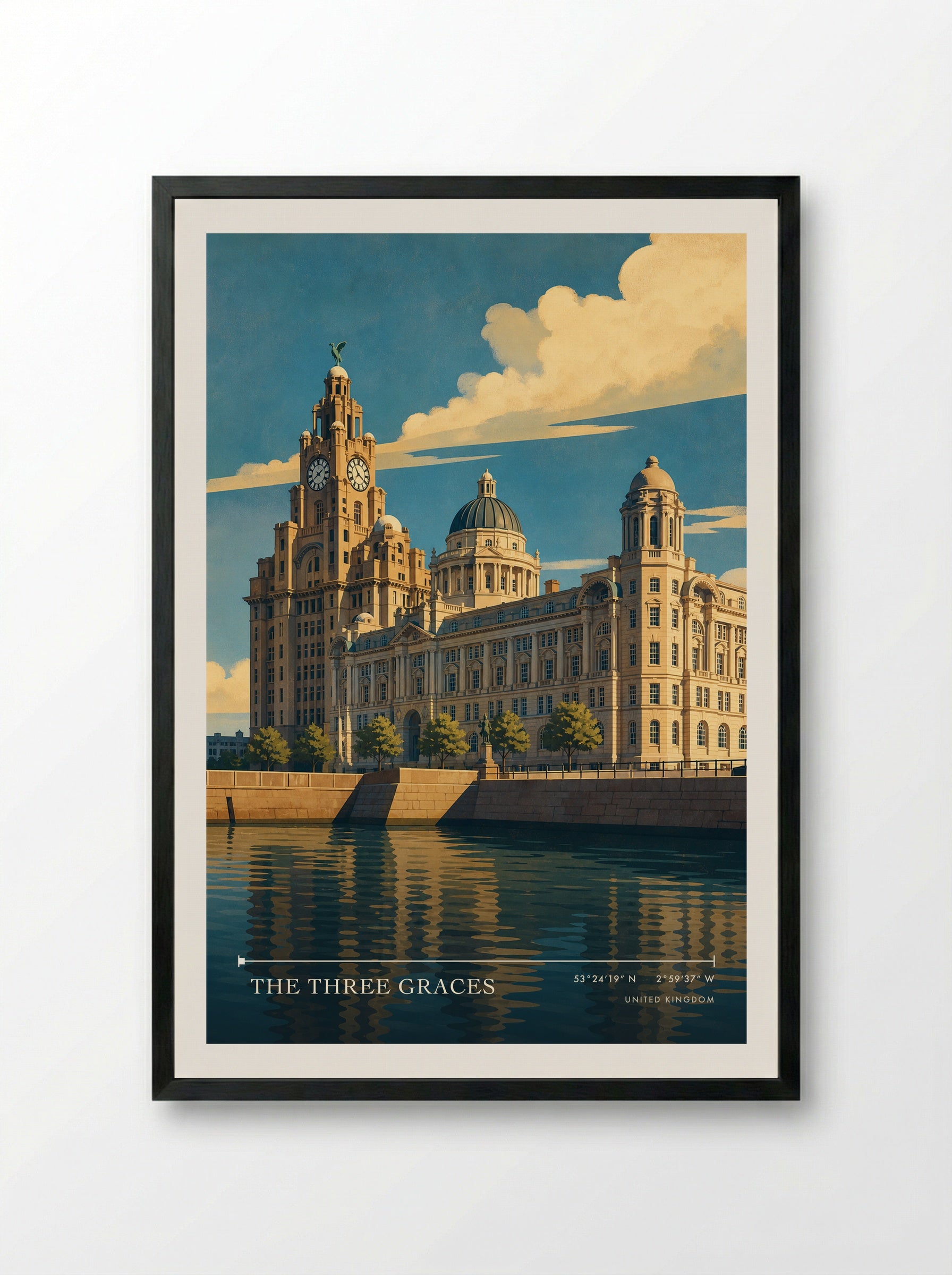 The Three Graces United Kingdom Travel Poster - Framed Print Black