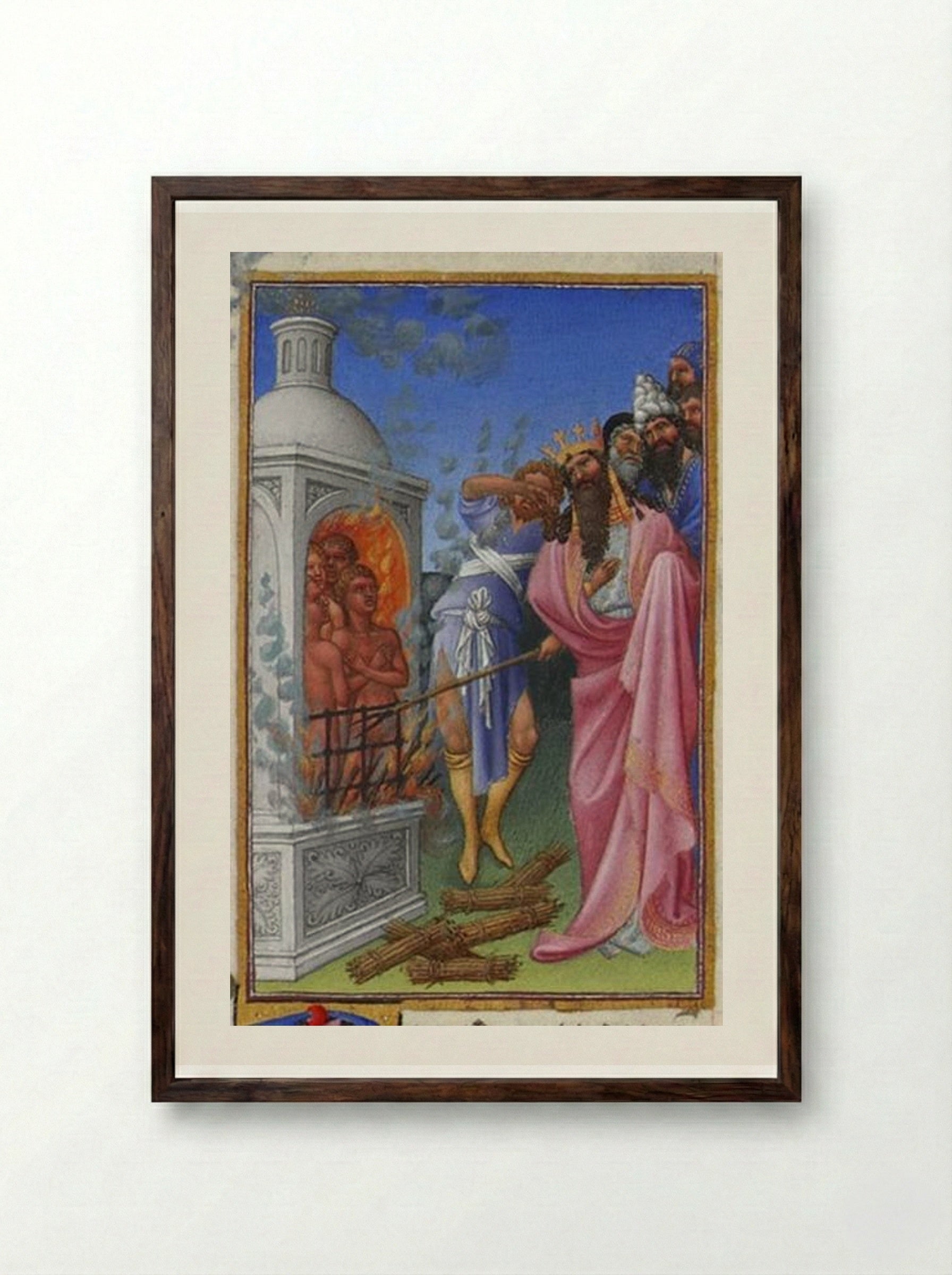 The Three Hebrews Cast into the Fiery Furnace - Limbourg brothers - Framed Print Dark Wood
