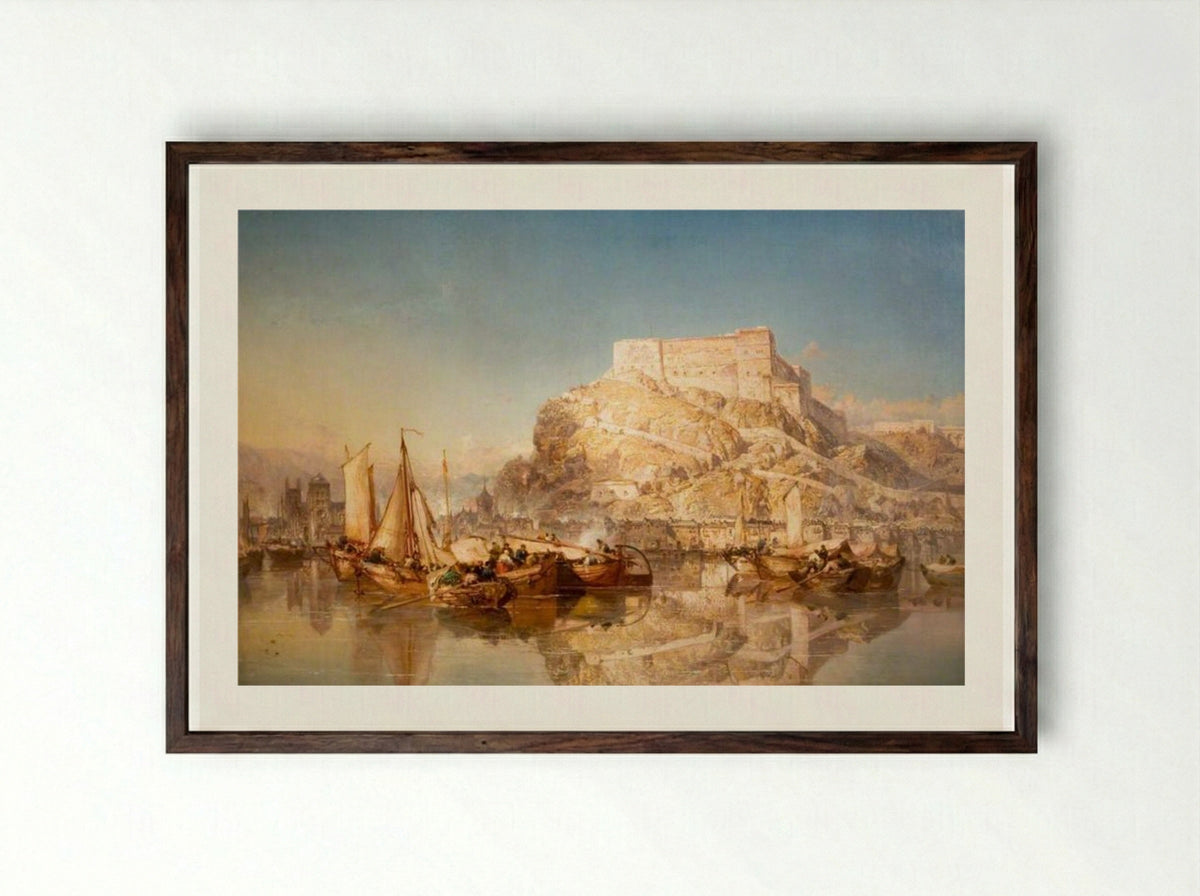 The Town and Fortress of Huy, Belgium, on the River Meuse - James Webb - Framed Print Dark Wood