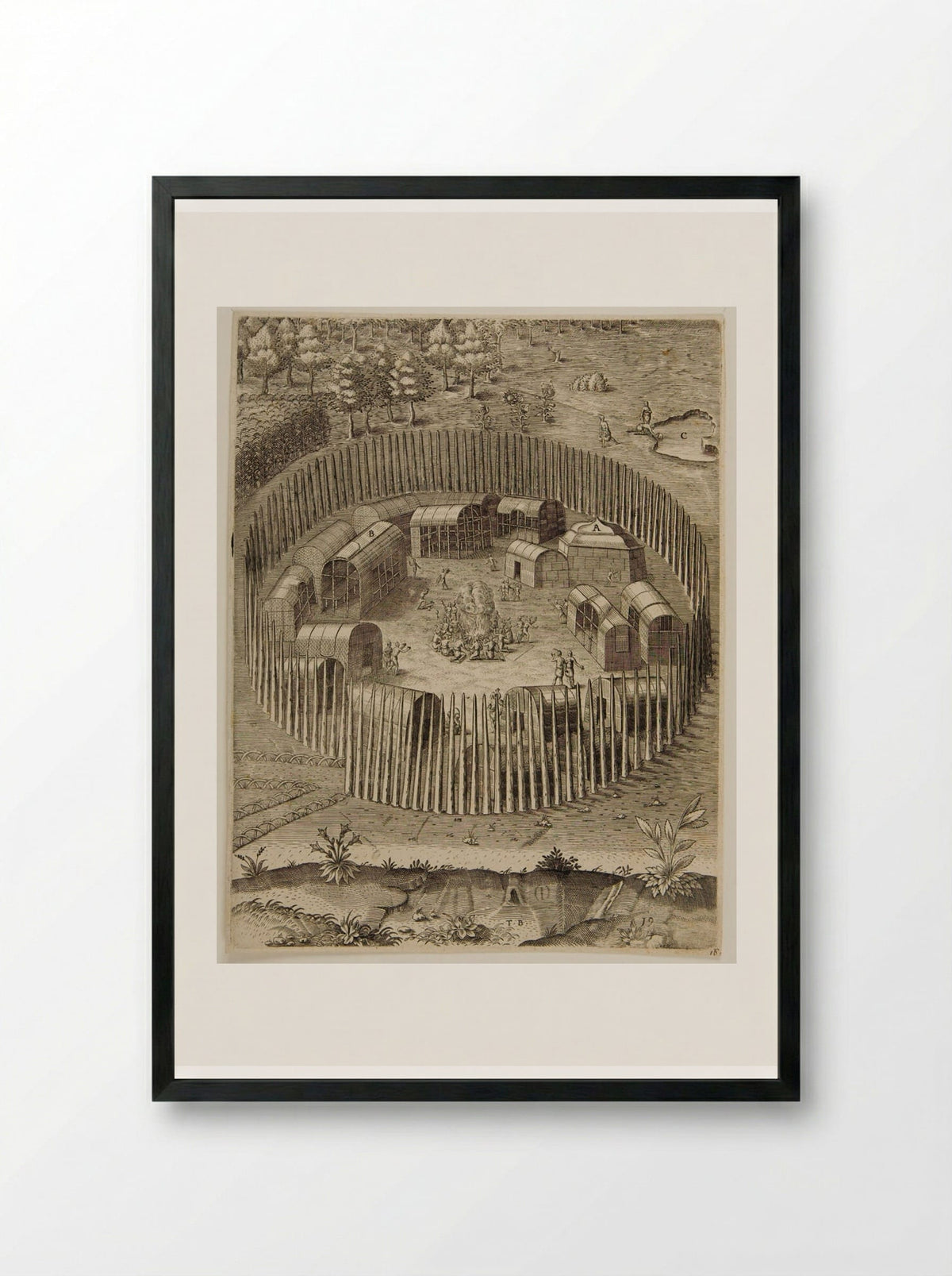 The Town of Pomeiooc - Theodor de Bry - Framed Print Black