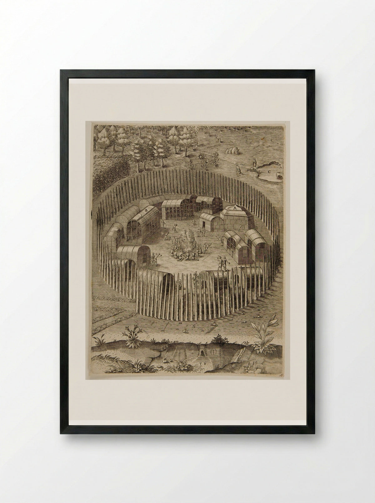 The Town of Pomeiooc - Theodor de Bry - Framed Print Black
