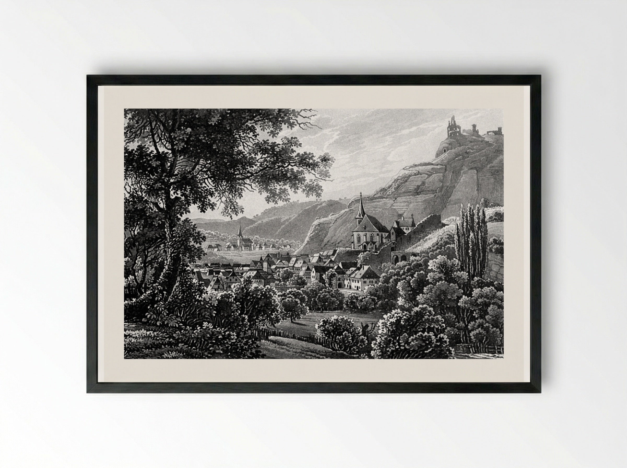 The Town of Traben-Trarbach and the Grevenburg - Karl Bodmer - Framed Print Black