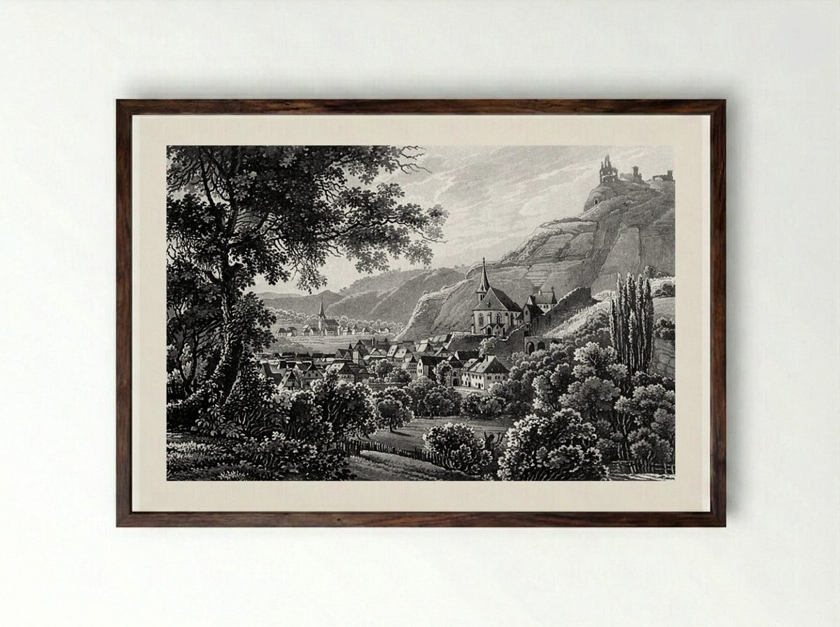 The Town of Traben-Trarbach and the Grevenburg - Karl Bodmer - Framed Print Dark Wood