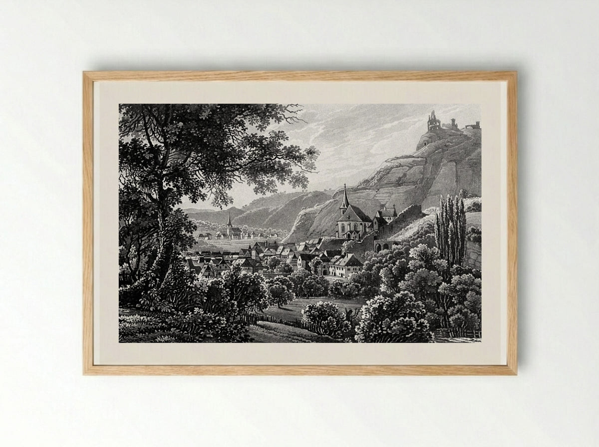 The Town of Traben-Trarbach and the Grevenburg - Karl Bodmer - Framed Print Wood