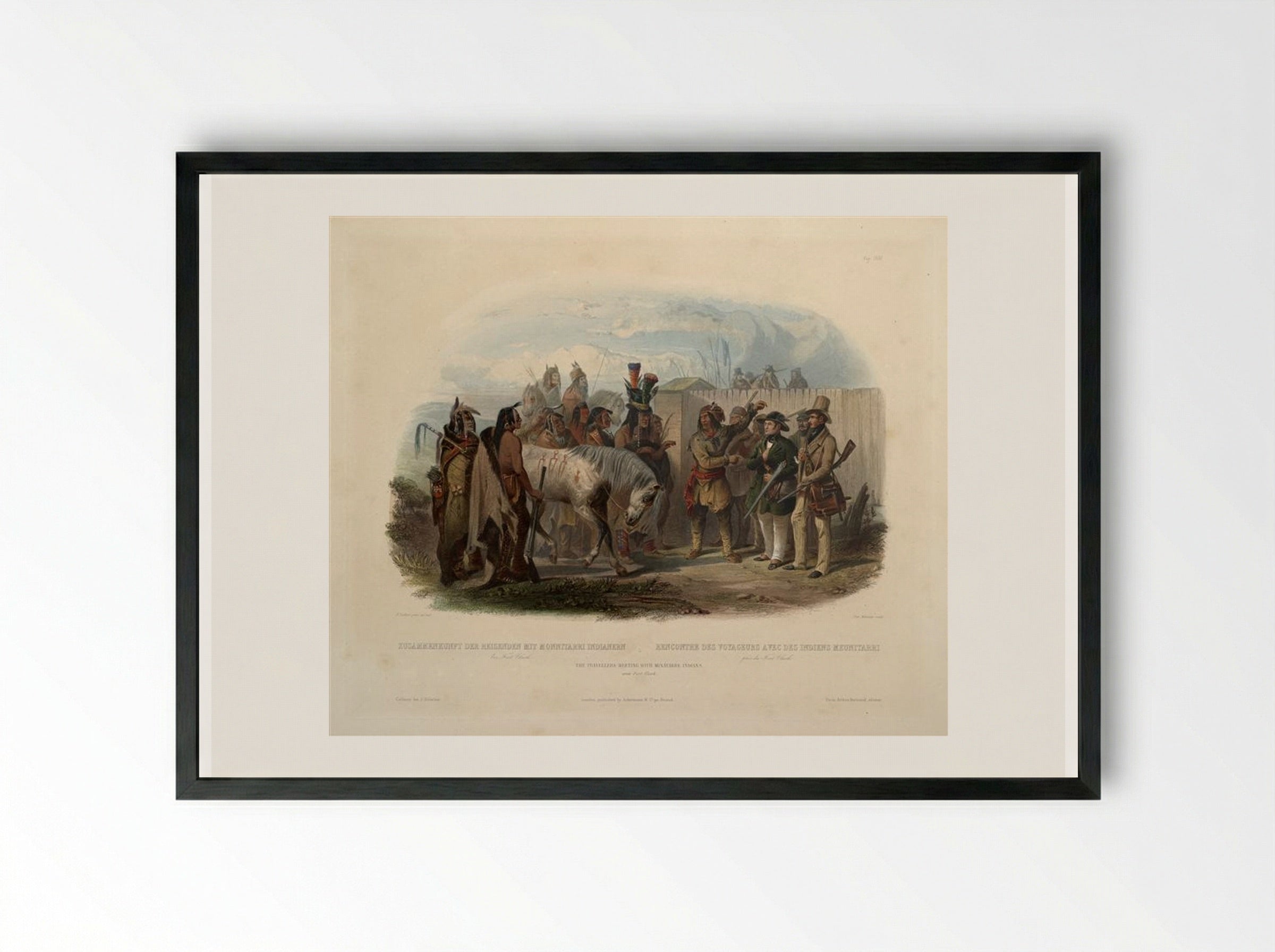 The Travellers Meeting with Minatarre Indians near Fort Clark - Karl Bodmer - Framed Print Black