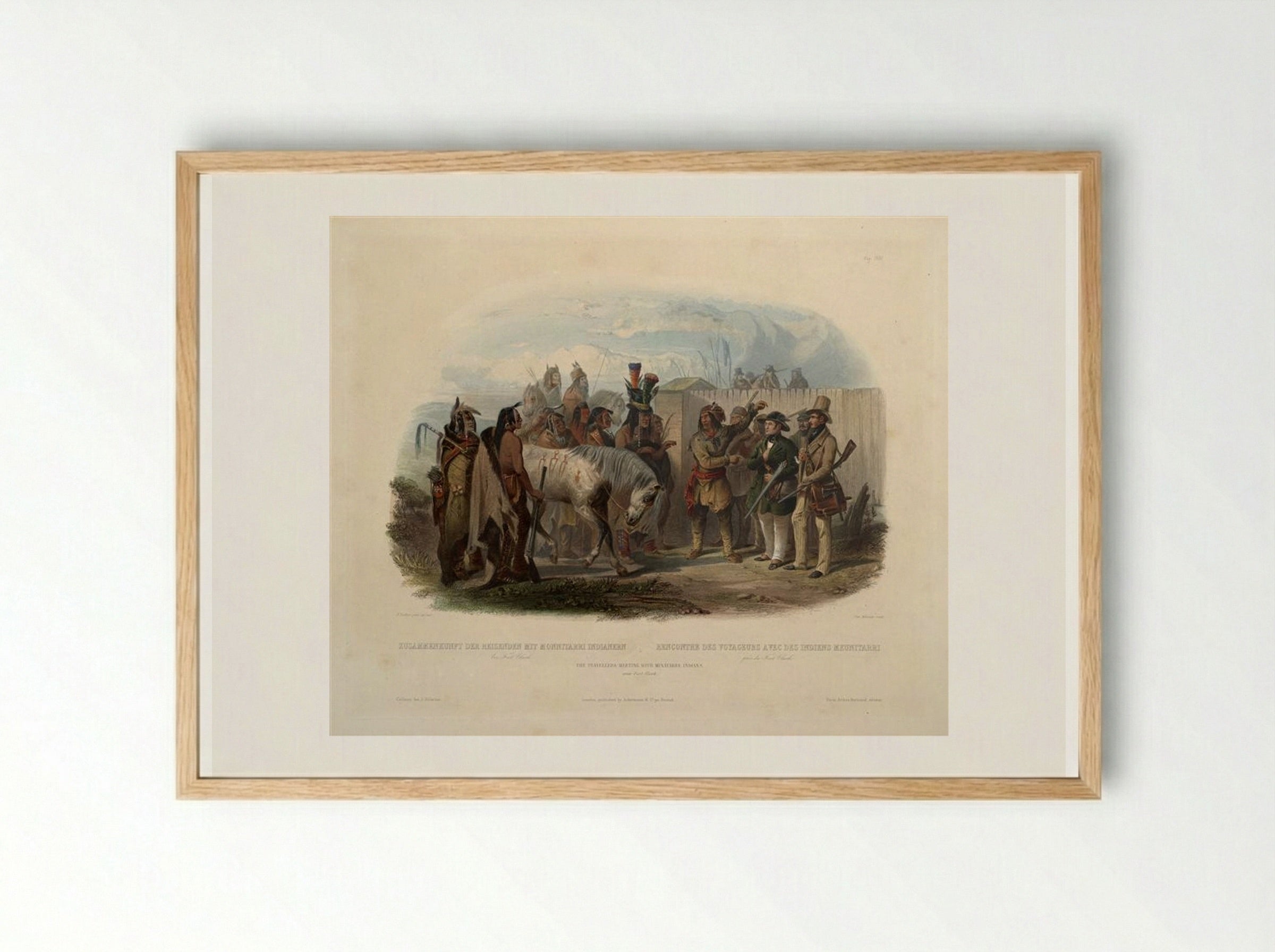 The Travellers Meeting with Minatarre Indians near Fort Clark - Karl Bodmer - Framed Print Wood