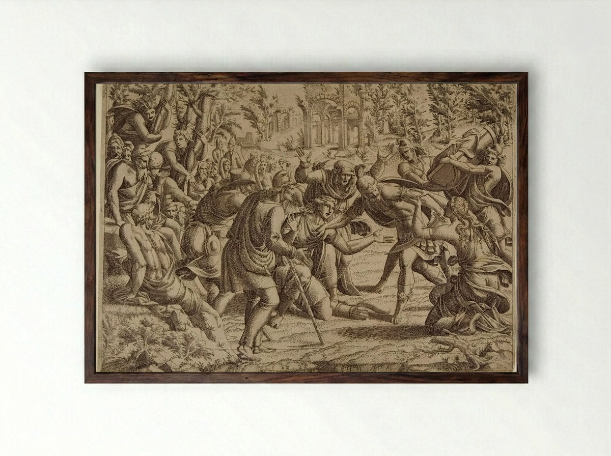The Treacherous Simon Brought into the Trojan's Camp by the Shepherds - Jean Mignon - Framed Print Dark Wood