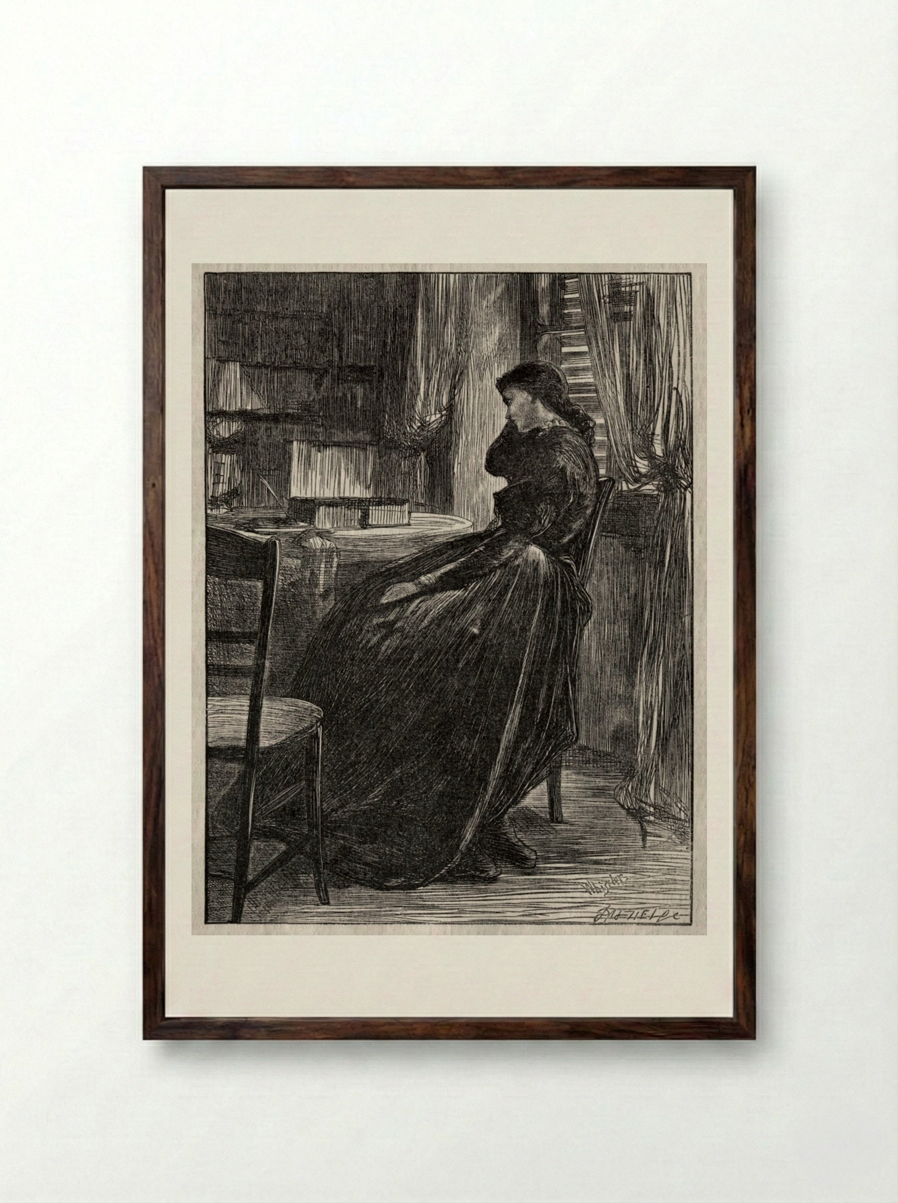 The Trial Sermon, Joanna Douglas at Her Desk - James McNeill Whistler - Framed Print Dark Wood