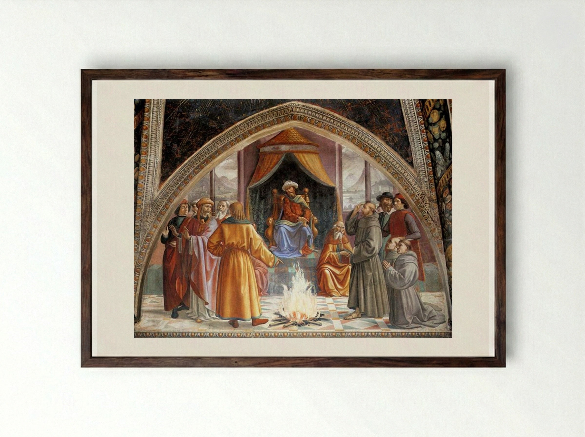 The Trial by Fire, St. Francis before the Sultan of Egypt - Domenico Ghirlandaio - Framed Print Dark Wood