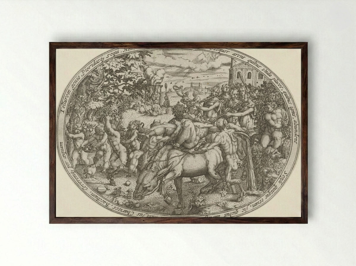 The Triumph of Bacchus and Silenus: The Element Earth - Abraham van den Hecken - Framed Print Dark Wood