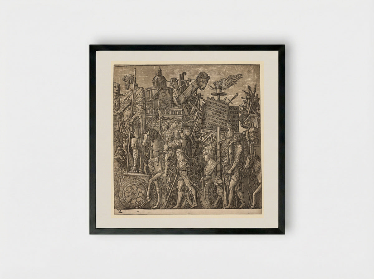 The Triumph of Julius Caesar: Colossal Statues and Siege Equipment - Andrea Andreani - Framed Print Black