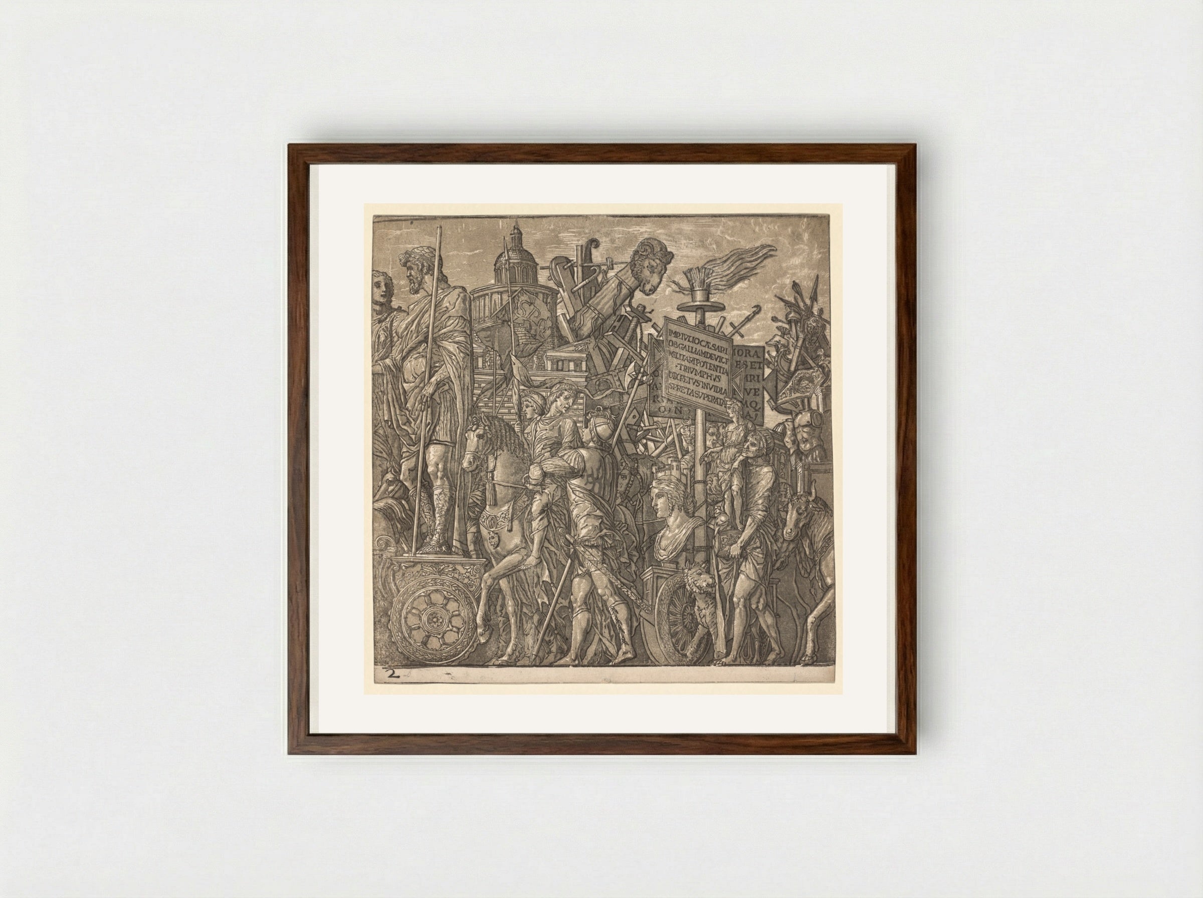 The Triumph of Julius Caesar: Colossal Statues and Siege Equipment - Andrea Andreani - Framed Print Dark Wood