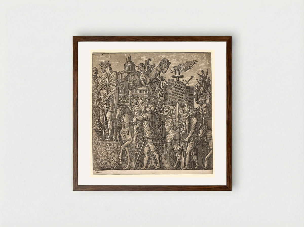 The Triumph of Julius Caesar: Colossal Statues and Siege Equipment - Andrea Andreani - Framed Print Dark Wood