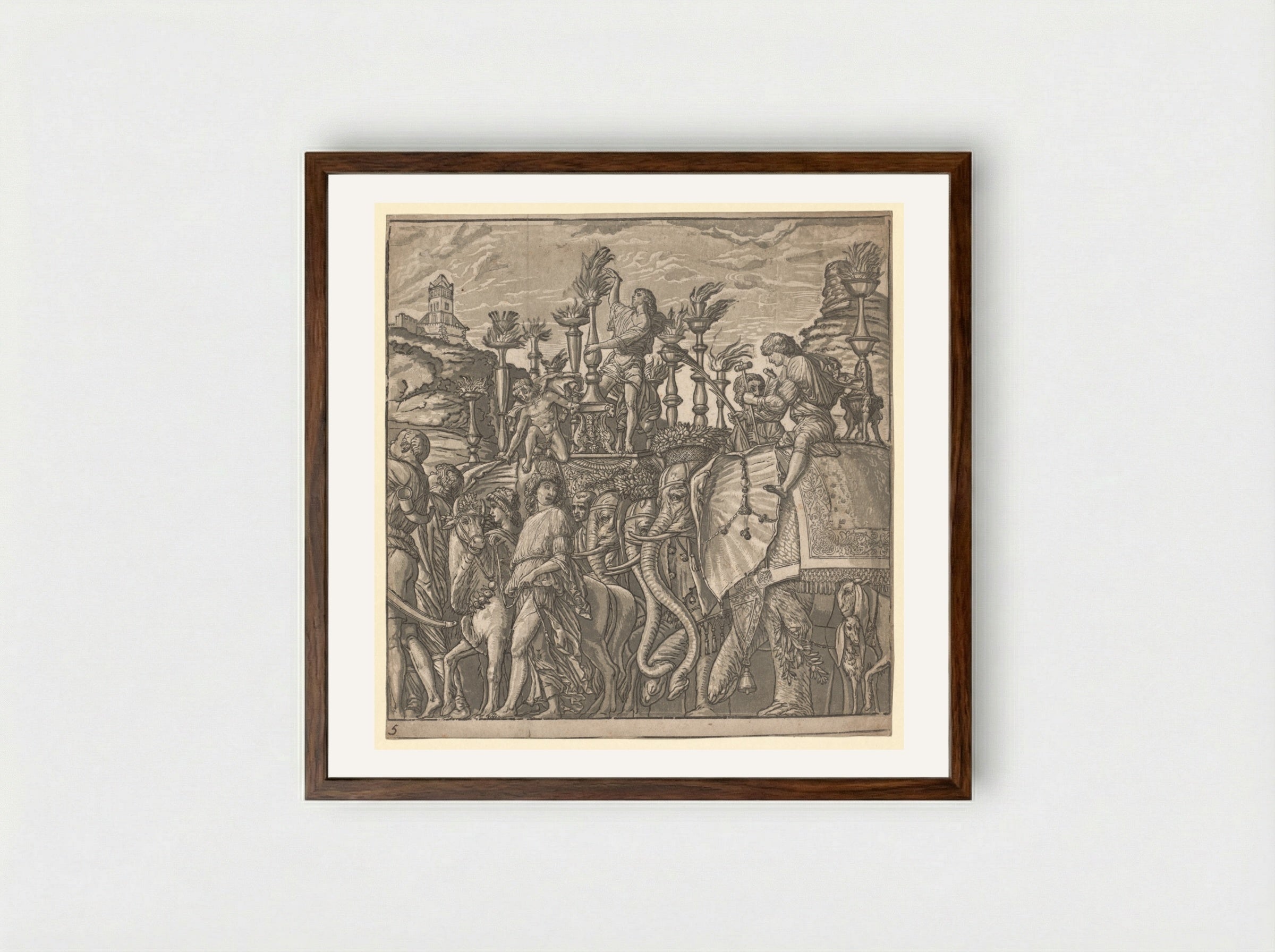 The Triumph of Julius Caesar: Elephants Carrying Torches - Andrea Andreani - Framed Print Dark Wood