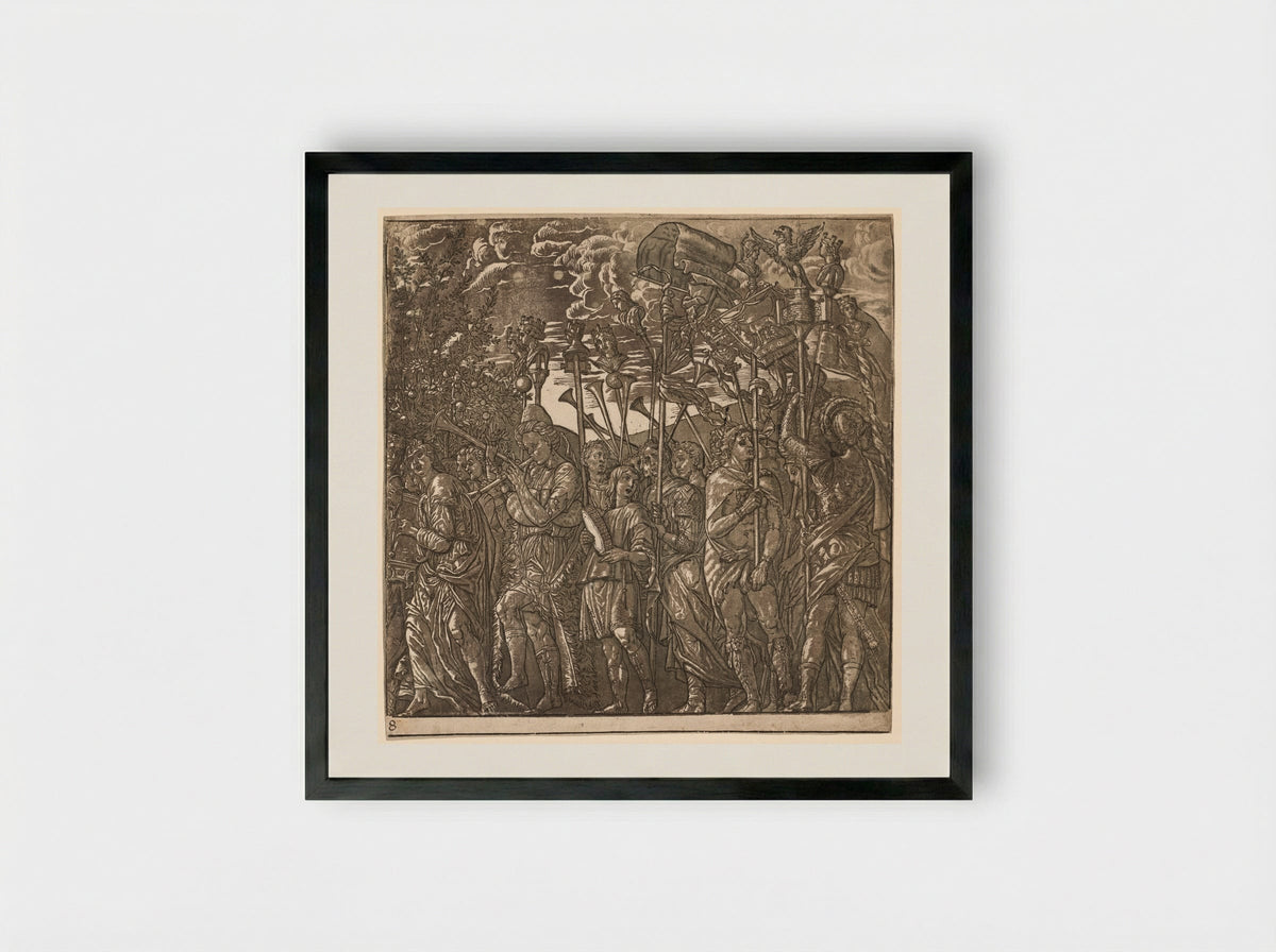 The Triumph of Julius Caesar: Soldiers Carrying Banners and Standards - Andrea Andreani - Framed Print Black
