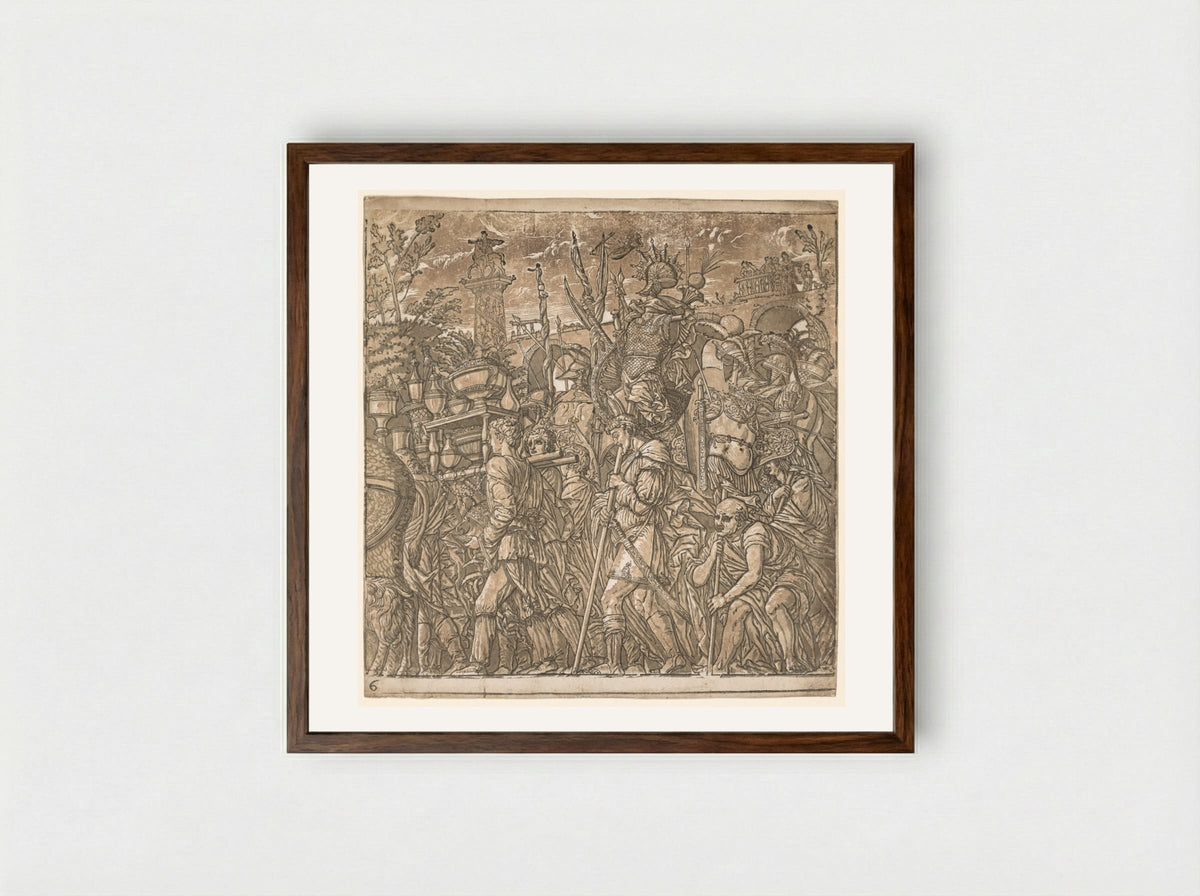 The Triumph of Julius Caesar: Soldiers Carrying Vases and Trophies of War - Andrea Andreani - Framed Print Dark Wood