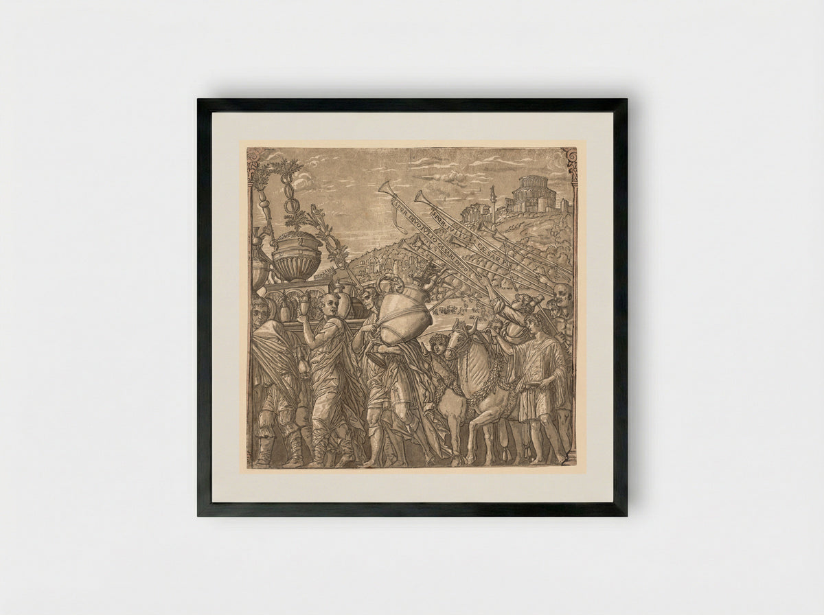 The Triumph of Julius Caesar: Soldiers Carrying Vases - Andrea Andreani - Framed Print Black