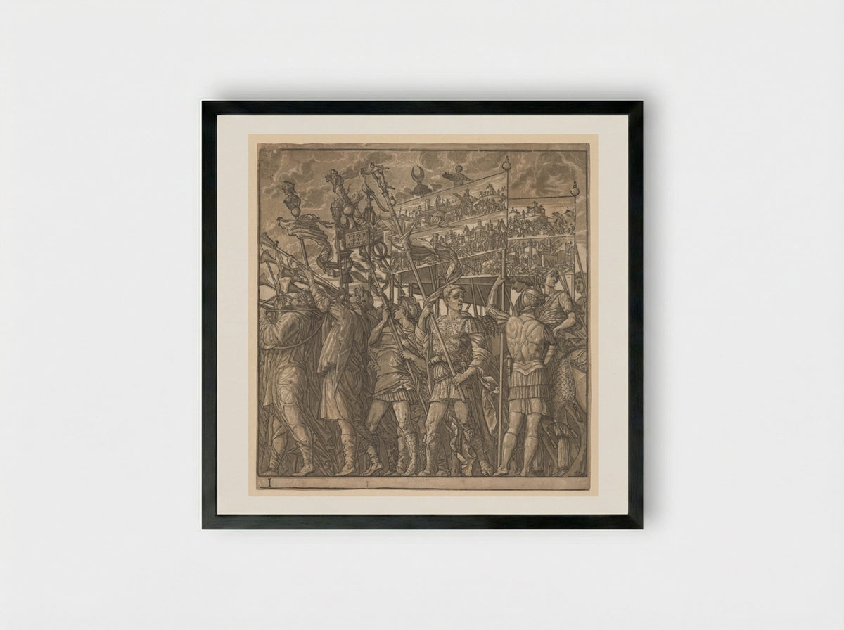 The Triumph of Julius Caesar: Soldiers Carrying the Pictures of War - Andrea Andreani - Framed Print Black