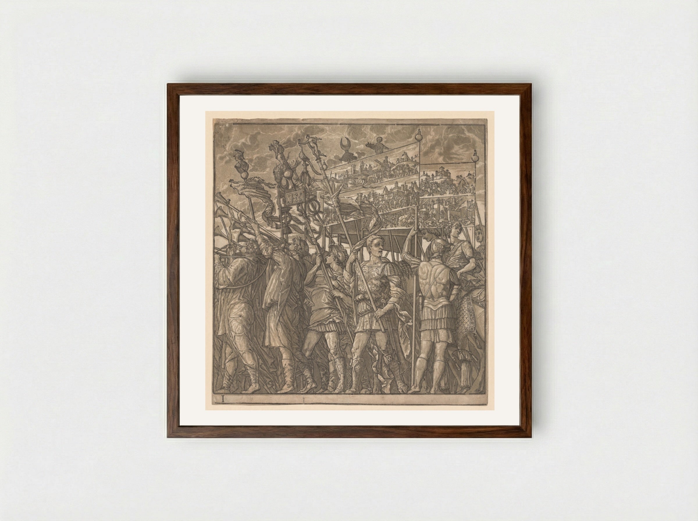 The Triumph of Julius Caesar: Soldiers Carrying the Pictures of War - Andrea Andreani - Framed Print Dark Wood